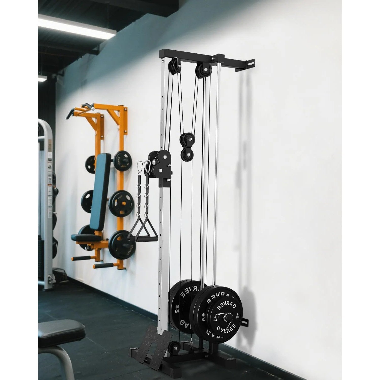Garvee Wall Mount Cable Machine with 19 Positions Dual Pulley System, Adjustable Footplate for Home Gym, 27.2"x18.1"x81.9", Black