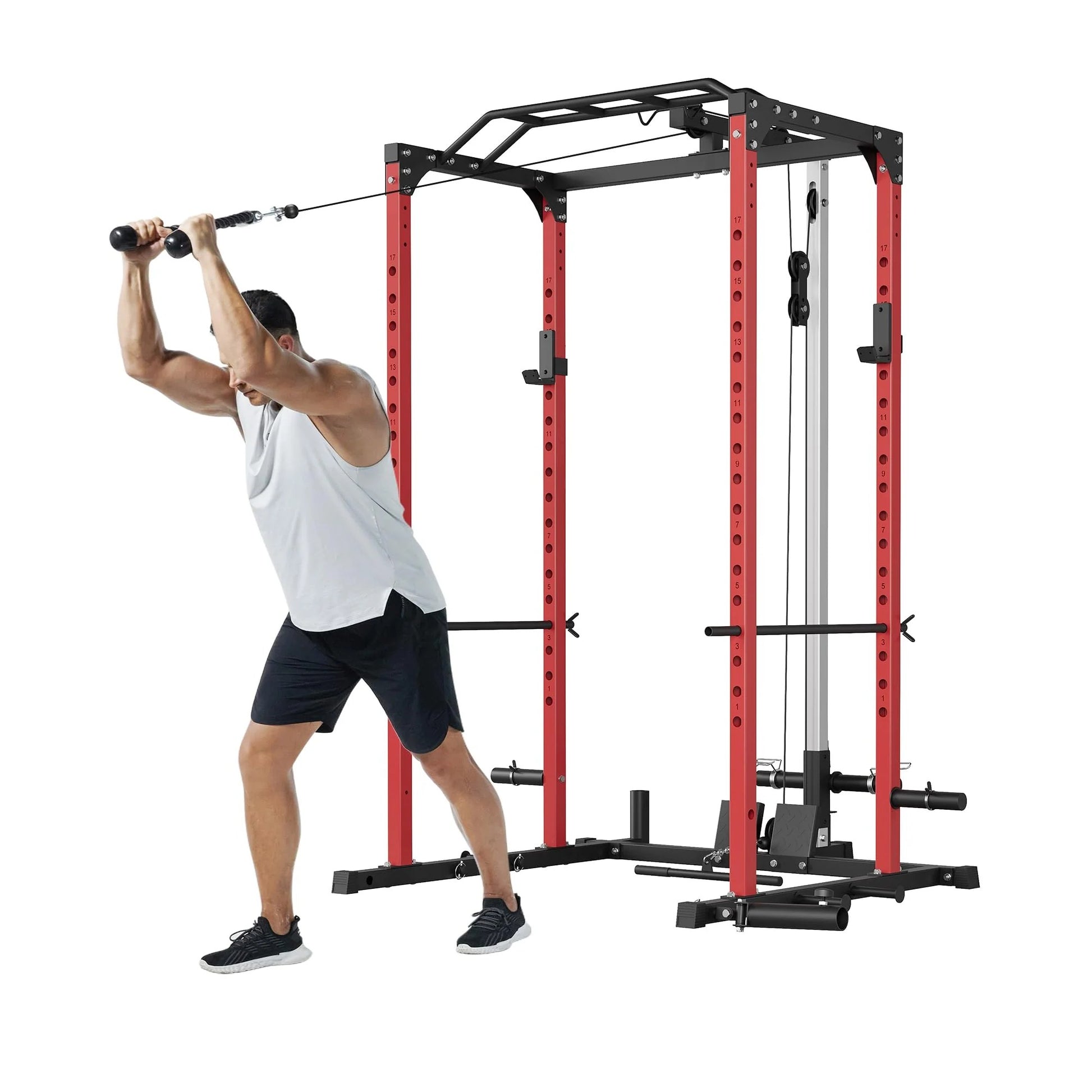 Garvee Power Cage Squat Rack with LAT Pulldown and Low Row for Home Gym, 1200LBS Capacity, Black