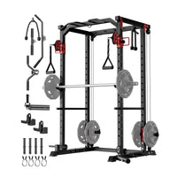 Garvee Power Cage Multi-Functional Power Racks with Dual Pulley Systems for Home Gym 1200 LBS Capacity Red