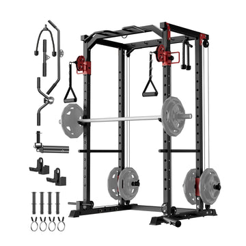 Garvee Power Cage Multi-Functional Power Racks with Dual Pulley Systems for Home Gym 1200 LBS Capacity Red