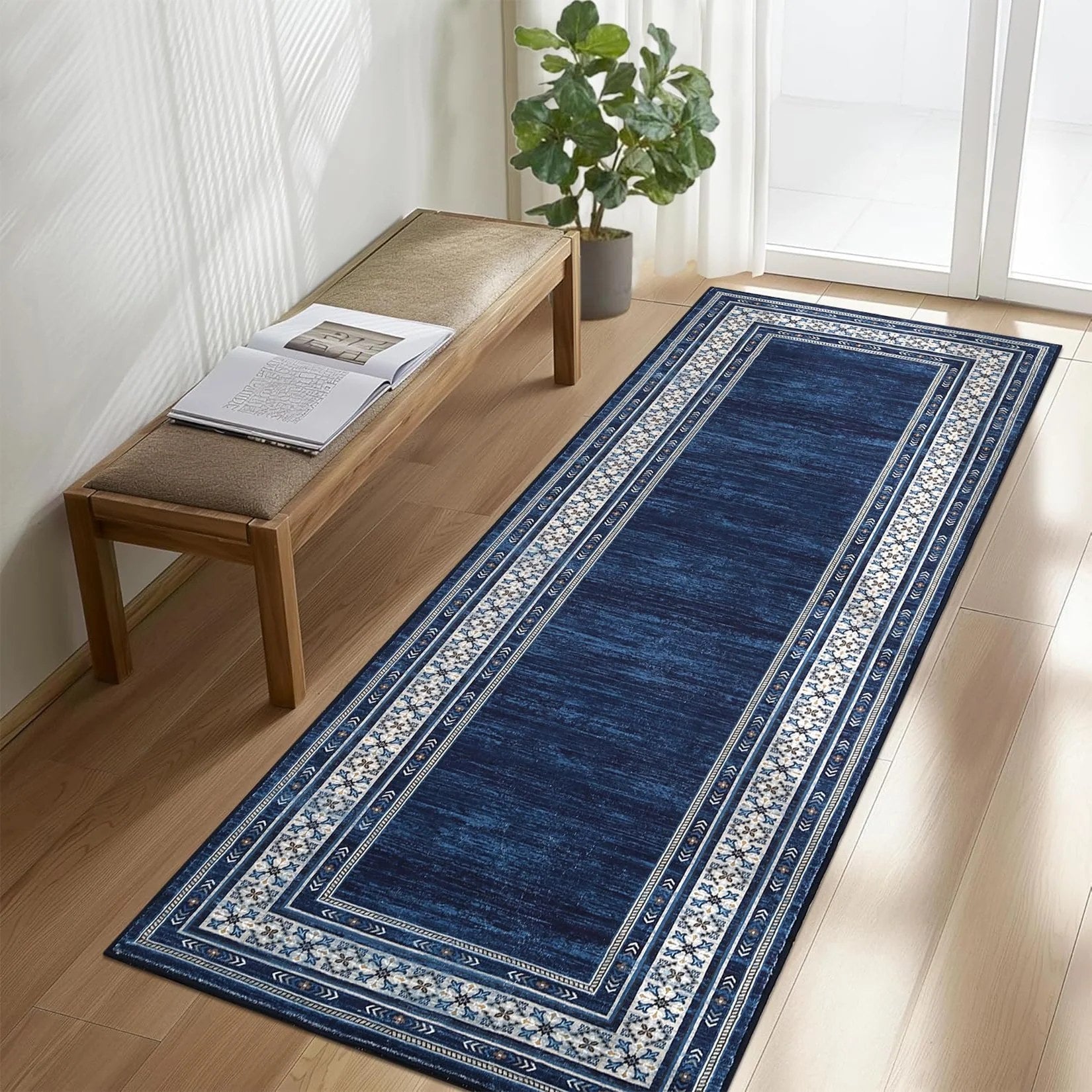 Garvee Tapis de cuisine 2x6 lavable, doux, antidérapant, de couloir, d'intérieur, géométrique moderne bleu