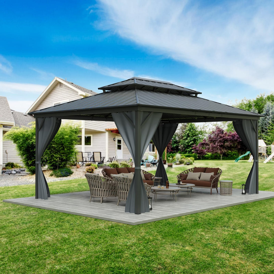 Garvee Hardtop Gazebo 12'x16' Double Metal Roof Aluminum Frame Gray for Patio Deck Backyard Lawn Garden