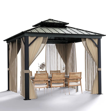 Garvee 10 ft x 10 ft Hardtop Gazebo with Double Metal Roof, Aluminum Alloy Frame, Net, and Curtain for Patio, Backyard, Lawn, Garden - Black Matte Finish