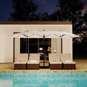 Garvee 15FT Double-Sided Patio Umbrella with 36 Solar-Powered LED Lights – Heavy-Duty Rectangular Outdoor Sun Shade – Fade-Resistant Canopy – With Base – For Pool, Garden, Backyard, Deck – Beige