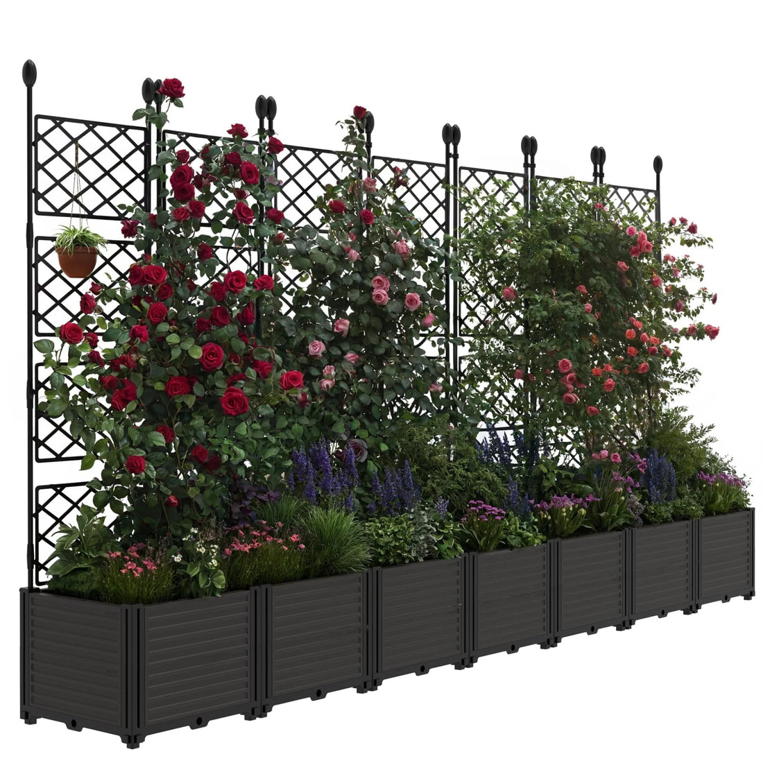 Garvee 7 PCS Plastic Plant With Trellis Raised Garden Bed Outdoor Planter For Patio Balcony Black
