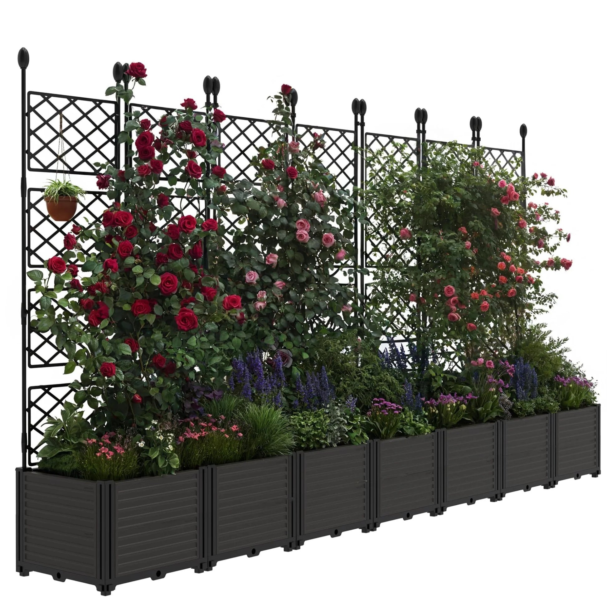 Garvee 7 PCS Plastic Plant With Trellis Raised Garden Bed Outdoor Planter For Patio Balcony Black