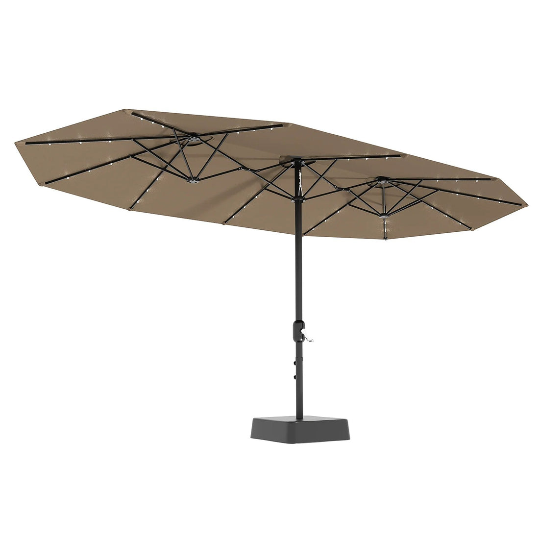 Garvee 15FT Double-Sided Patio Umbrella with 36 Solar LED Lights and Base, Tan Rectangular Outdoor Market Shade with Polyester Canopy, Iron Frame and Crank Lift, Wide Coverage for Poolside, Garden, Deck, Lawn, Backyard and Outdoor Dining Areas