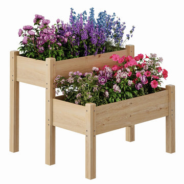 Garvee Jardinière surélevée à 2 niveaux en bois de sapin avec pieds pour jardin, terrasse, balcon, 33"x33"x29" Bois naturel
