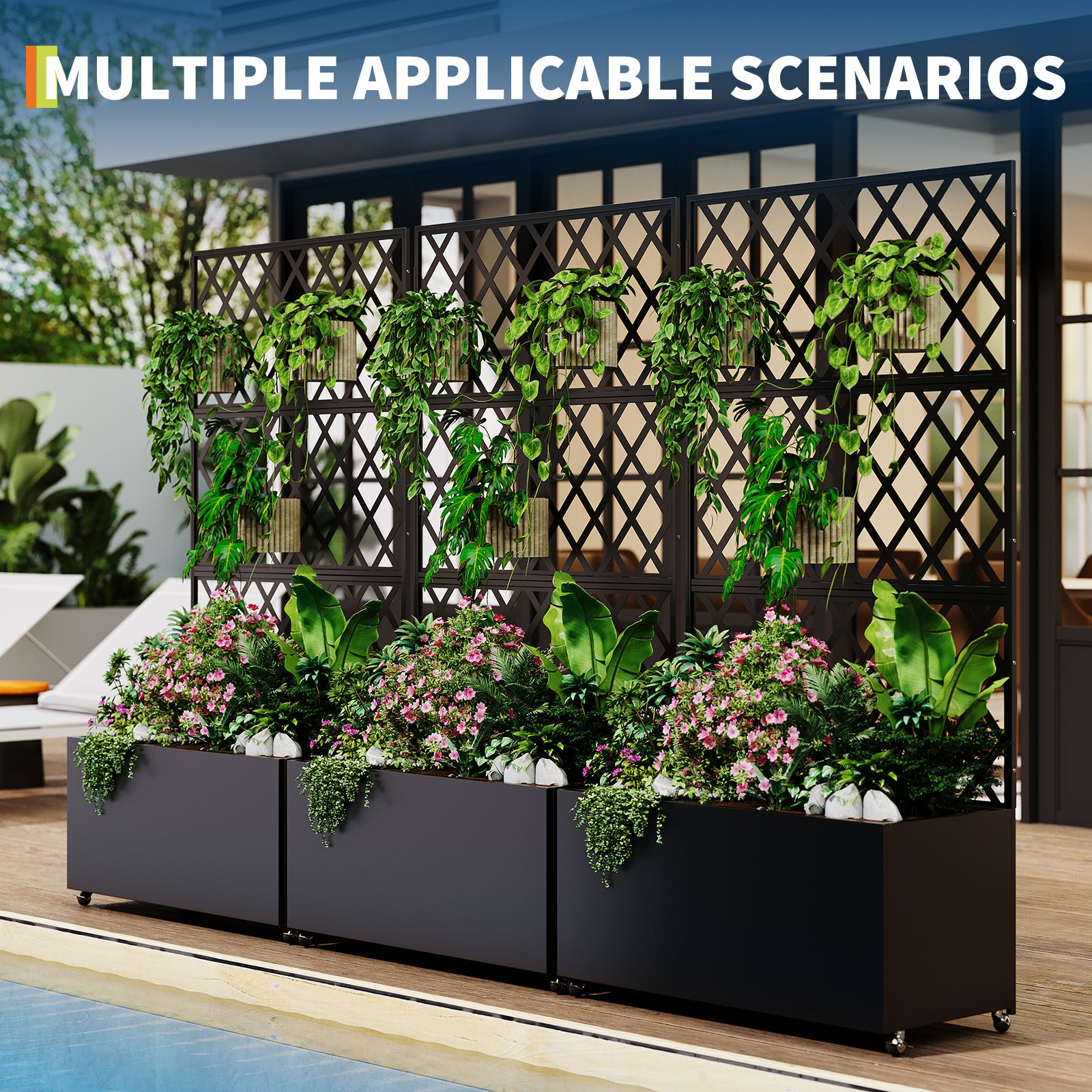 Garvee Galvanized Steel Raised Garden Bed with Trellis, Privacy Screen, Lockable Casters, Drainage Holes, Slim Profile for Patio & Deck