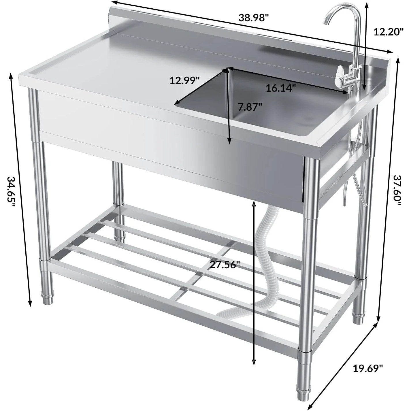 Garvee Stainless Steel Free Standing Single Bowl Sink with Faucet for Laundry Kitchen Garage Outdoor, Adjustable Legs, Silver