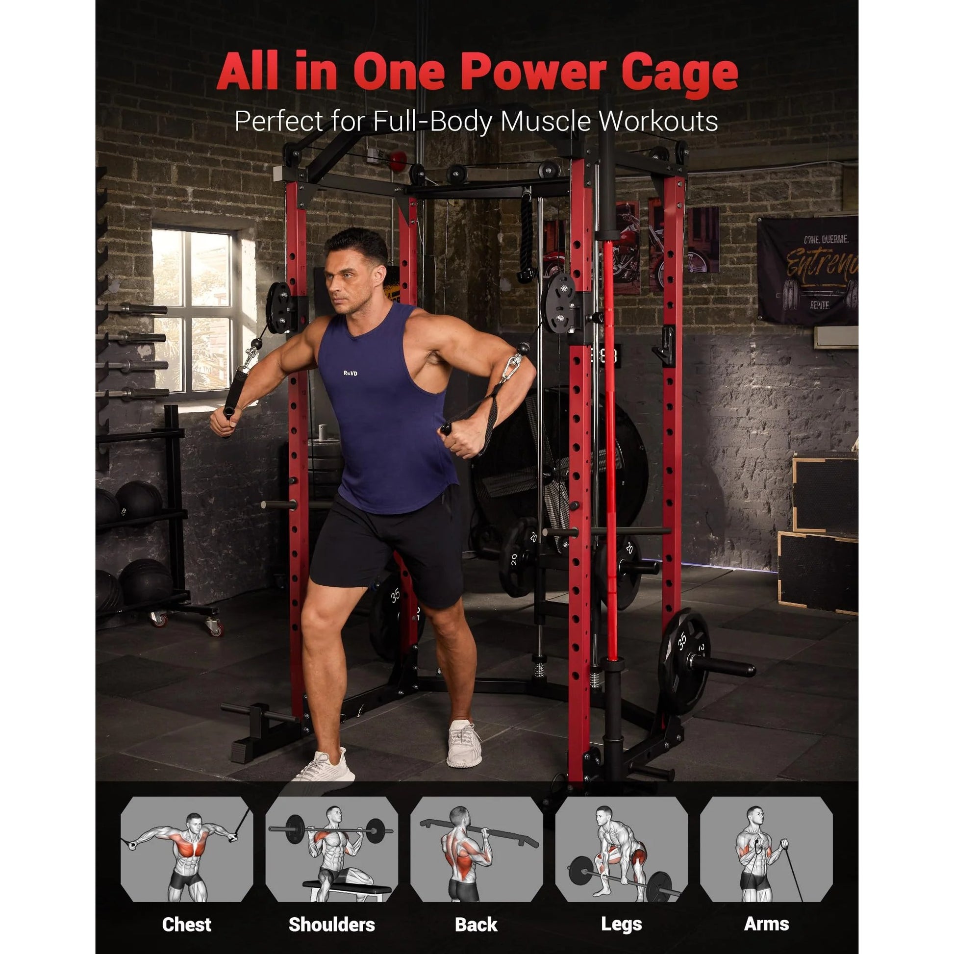 Garvee Power Cage Multi-Functional Power Racks With Cable Crossover System For Home Gym 1600 LBS Red