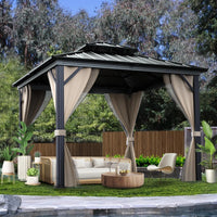 Garvee 10 ft x 10 ft Hardtop Gazebo with Double Metal Roof, Aluminum Alloy Frame, Net, and Curtain for Patio, Backyard, Lawn, Garden - Black Matte Finish