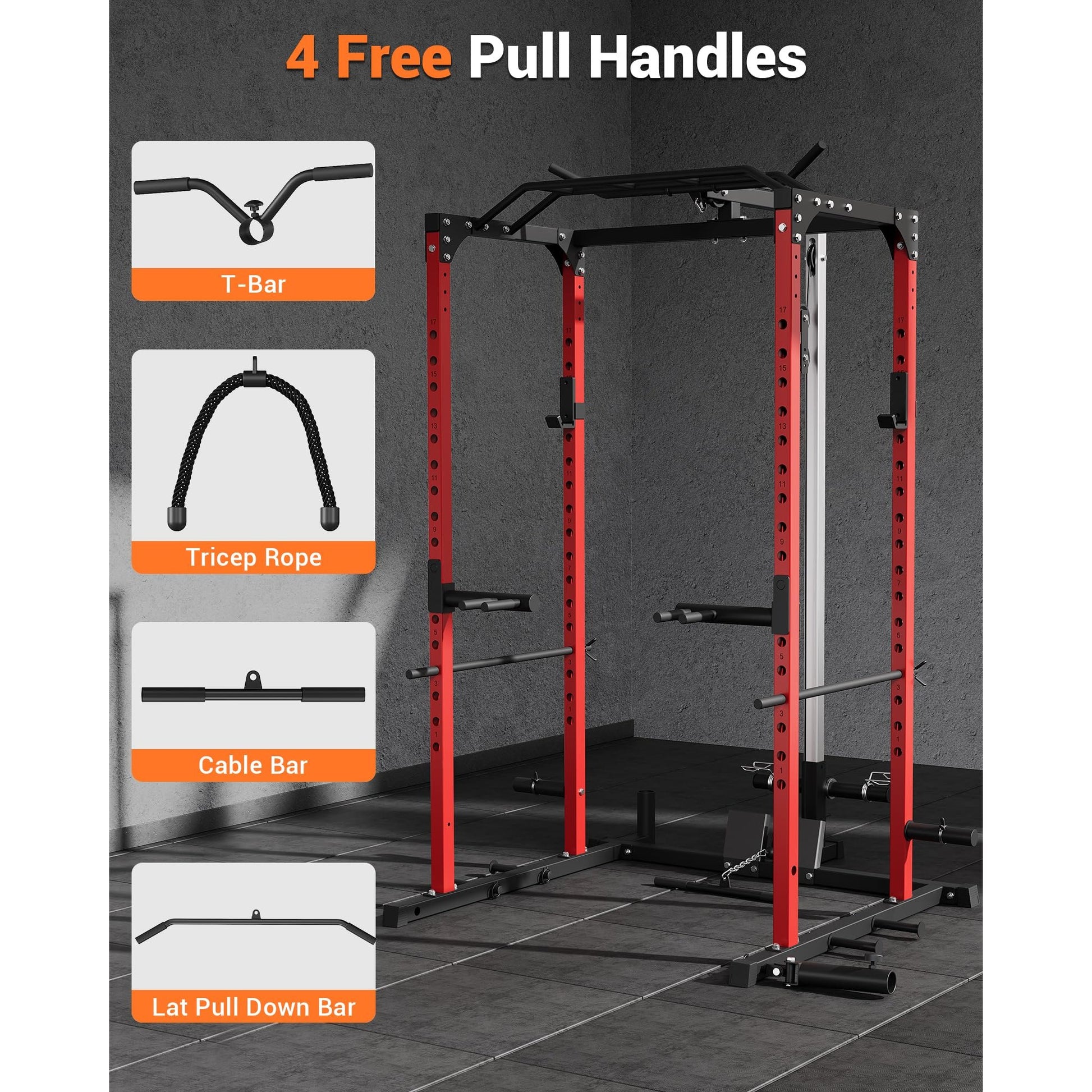 Garvee Power Cage Squat Rack with LAT Pulldown and Low Row for Home Gym, 1200LBS Capacity, Black
