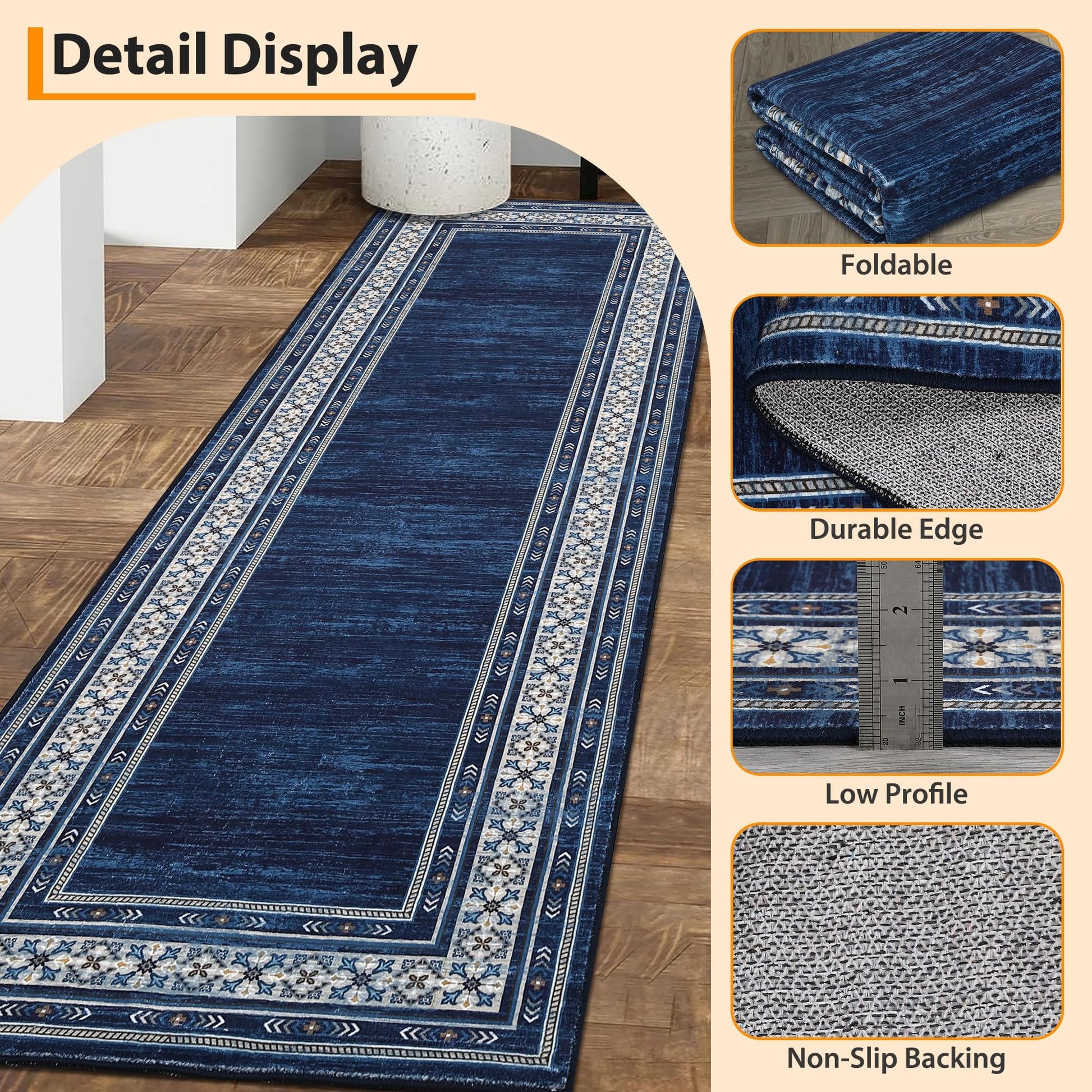 Garvee Tapis de cuisine 2x6 lavable, doux, antidérapant, de couloir, d'intérieur, géométrique moderne bleu