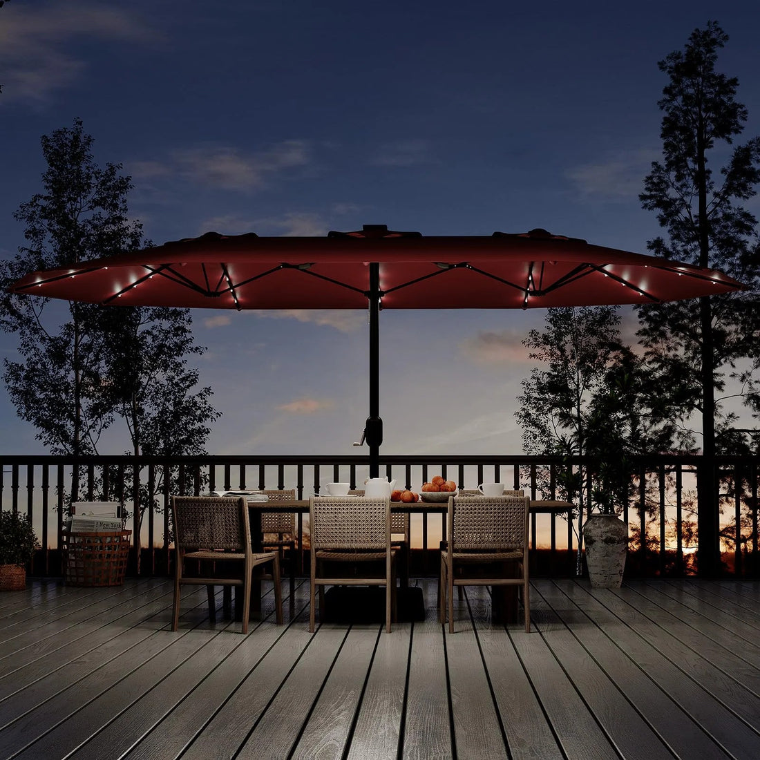 Garvee 15FT Double-Sided Patio Umbrella with 36 Solar LED Lights and Base, Wine Red Rectangular Outdoor Market Shade with Polyester Canopy, Iron Frame and Crank Lift, Wide Coverage for Poolside, Garden, Deck, Lawn, Backyard and Outdoor Dining Areas