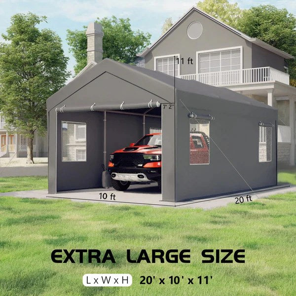 Garage portable Garvee 10x20 pieds avec bâche en PE 200g, portes avant et arrière enroulables, 4 fenêtres, gris - Abri de voiture pour bateaux, camionnettes, événements