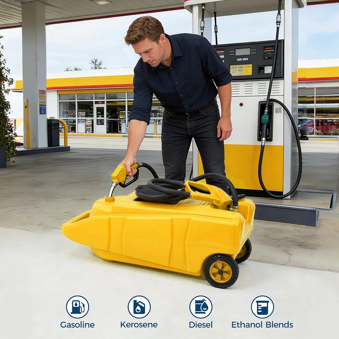Garvee Heavy-Duty 15 Gallon Portable Gasoline Fuel Caddy with 10FT Manual Siphon Pump – Leak-Proof HDPE Wheeled Gas Can for Lawn Mowers, Tractors, Boats, Snow Blowers, Generators – Yellow