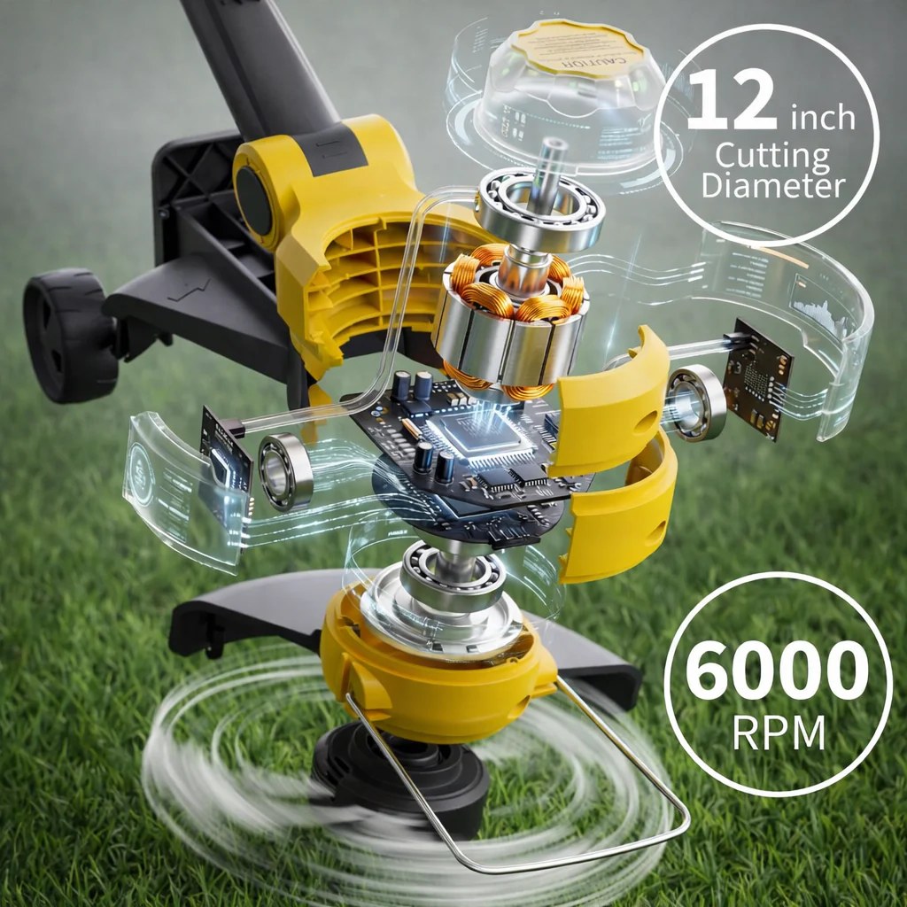 Garvee 20V Grass Trimmer With Dual Lithium Batteries, 8 Cutting Lines, Portable Electric Garden Cutter, Lightweight Design, Yellow