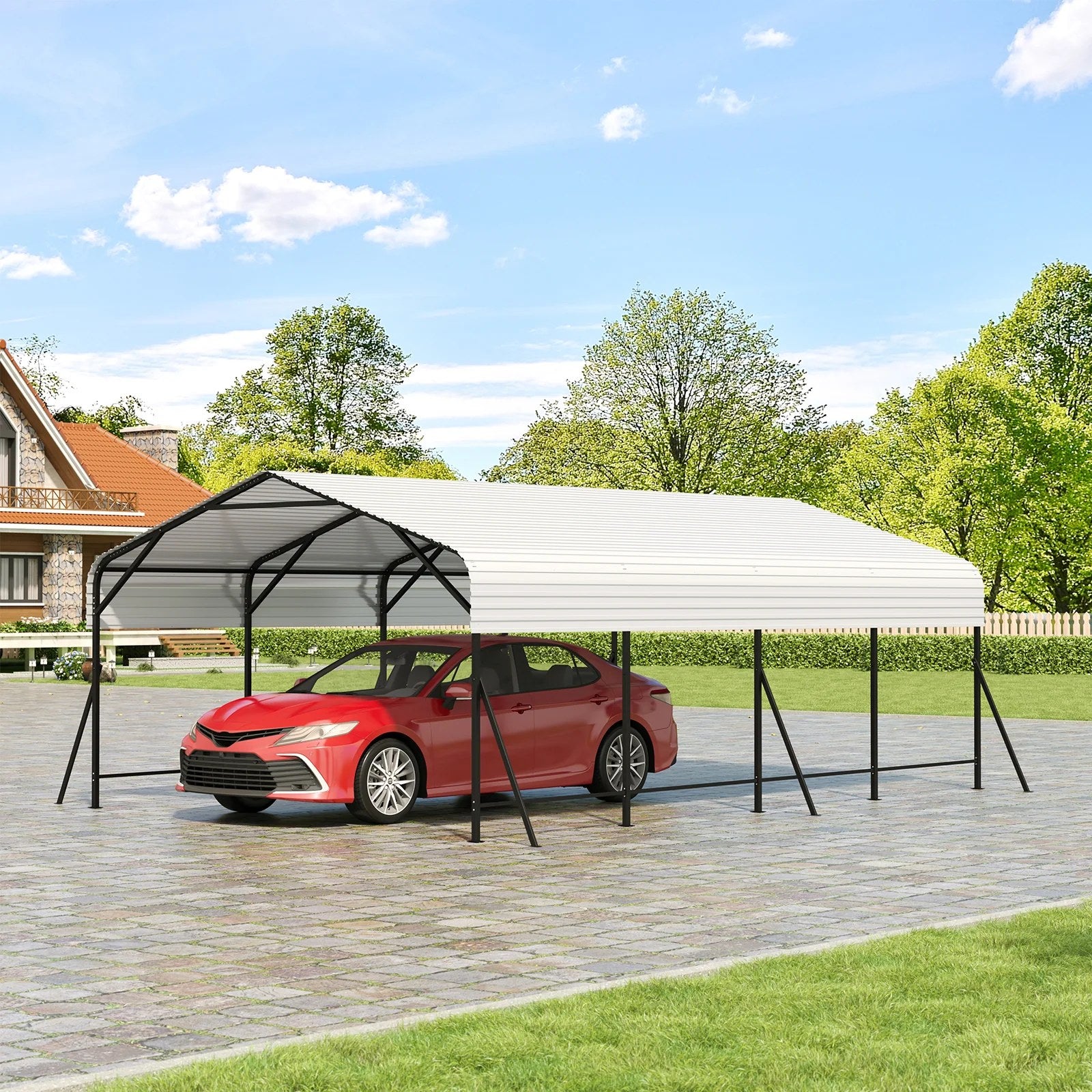 Garvee Heavy Duty 20x20x9 FT Metal Carport - Reinforced Steel Frame & Base Garage Shelter - All-Weather Protection for Cars, Boats, Tractors - Elegant White Tile, Size: 20*20*9 ft White tile