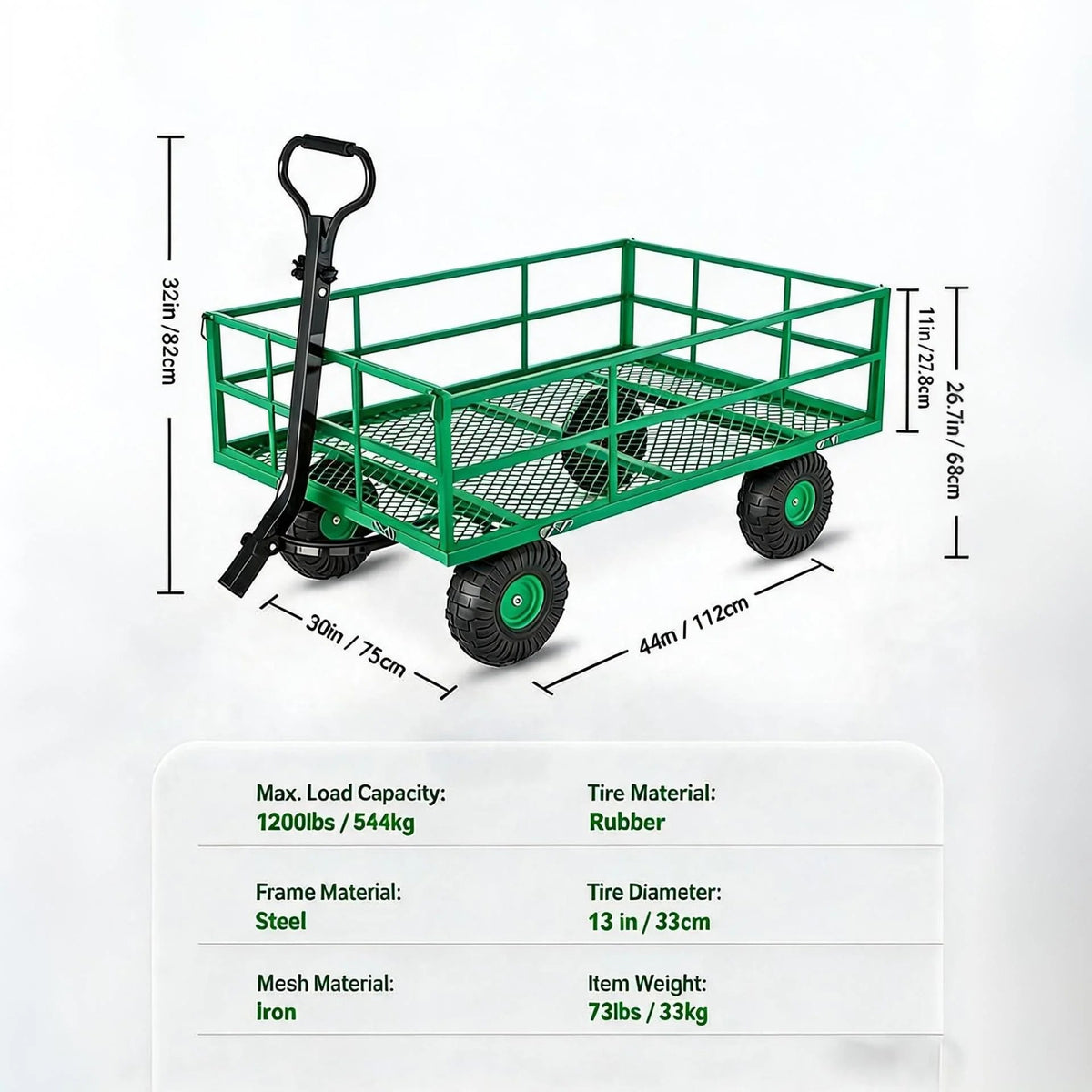 Garvee 500 lb Q235 Steel Garden Cart, Heavy-Duty Utility Wagon with Removable Steel Mesh Bed, Removable Mesh Sides, 2-in-1 Convertible Flatbed, 10" Pneumatic Tires, 180° Rotating Handle, Green, for Yard, Lawn, Farm and Landscaping