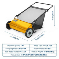 Garvee Push Lawn Sweeper 26-Inch Width 4-Brush System Heavy Duty Steel Frame Yard Garden Cleanup Yellow