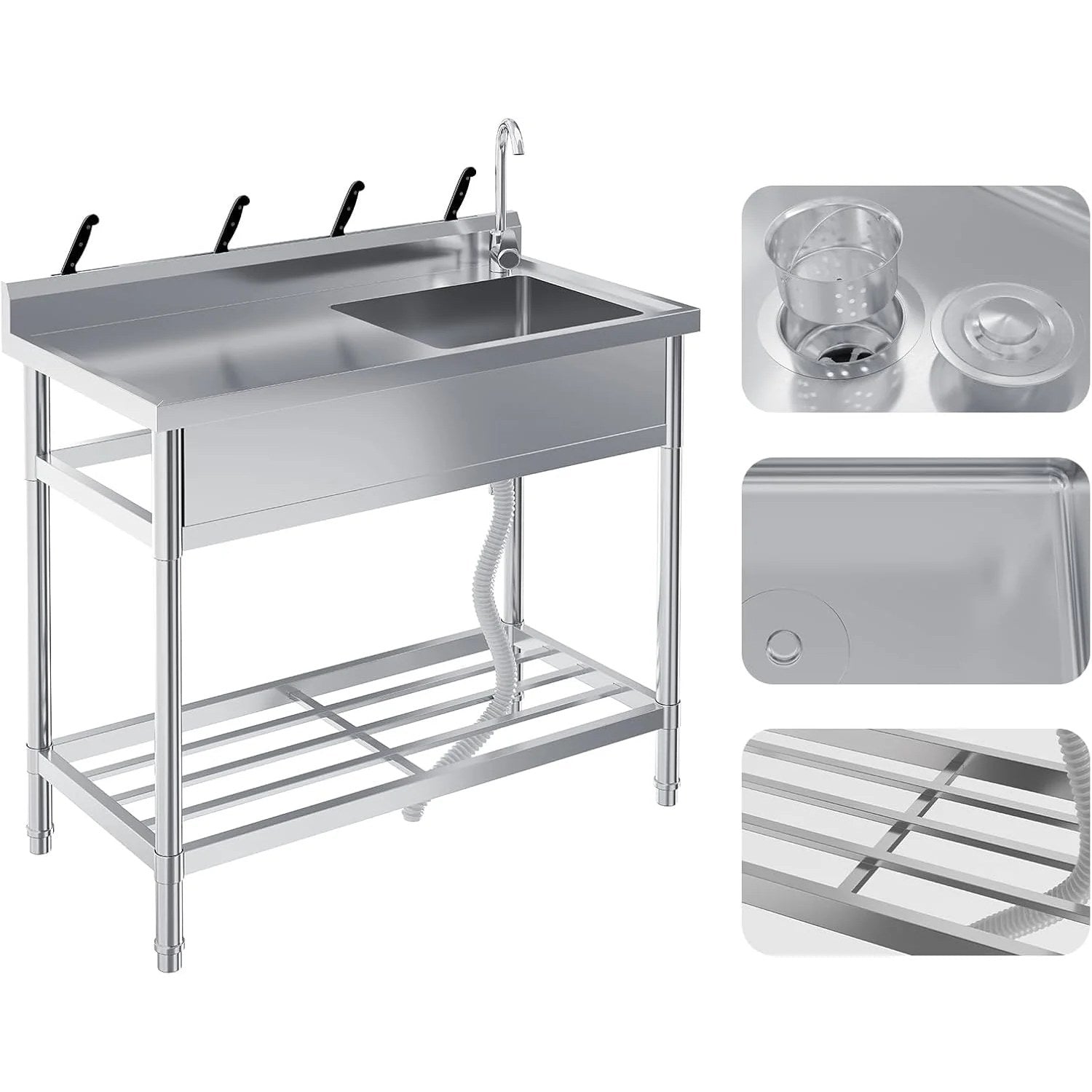 Garvee Stainless Steel Free Standing Single Bowl Sink with Faucet for Laundry Kitchen Garage Outdoor, Adjustable Legs, Silver