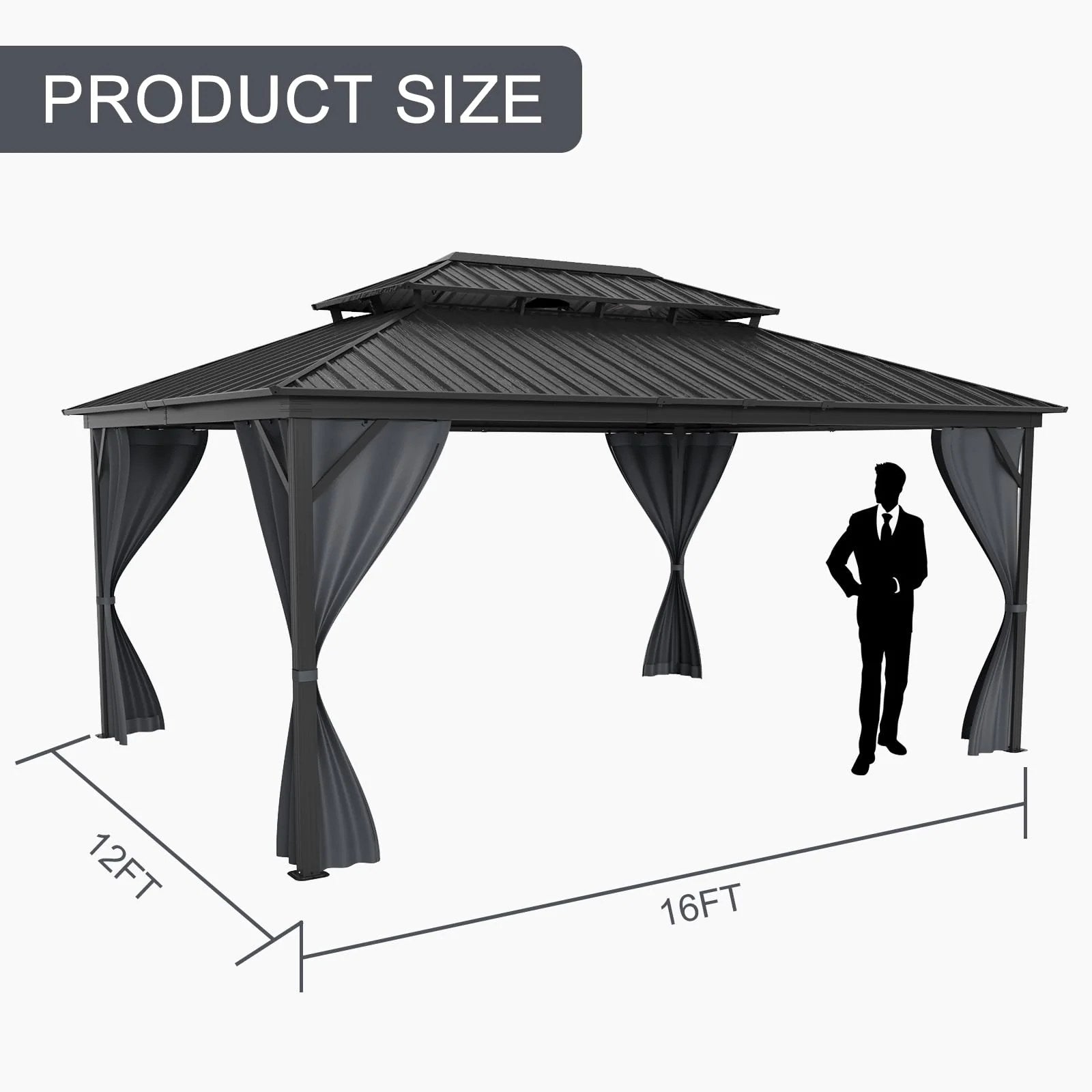 Garvee Hardtop Gazebo 12'x16' Double Metal Roof Aluminum Frame Gray for Patio Deck Backyard Lawn Garden