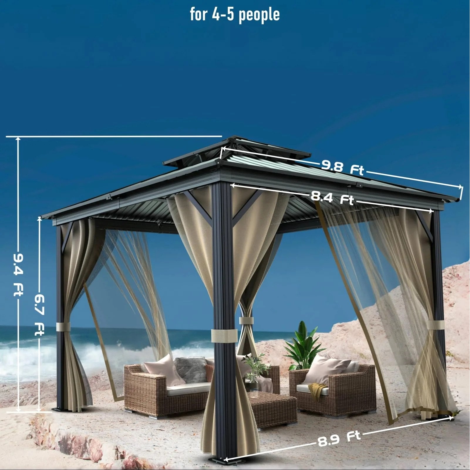 Garvee 10 ft x 10 ft Hardtop Gazebo with Double Metal Roof, Aluminum Alloy Frame, Net, and Curtain for Patio, Backyard, Lawn, Garden - Black Matte Finish