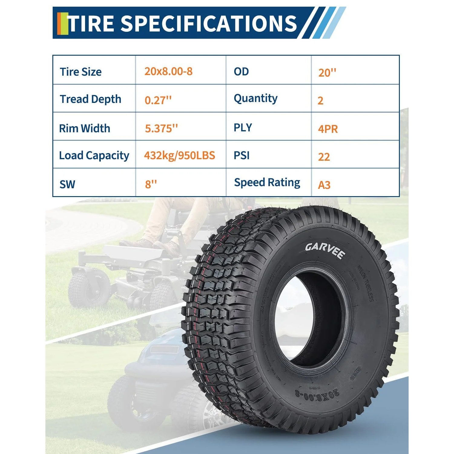 Garvee Heavy Duty Tubeless Turf Tire Set for Golf Cart & Lawn Mower – 20x8.00-8 4PR, 905 lbs Load, CT558 Grip, Replacement Tire Only – 2 Pack, Without Hub