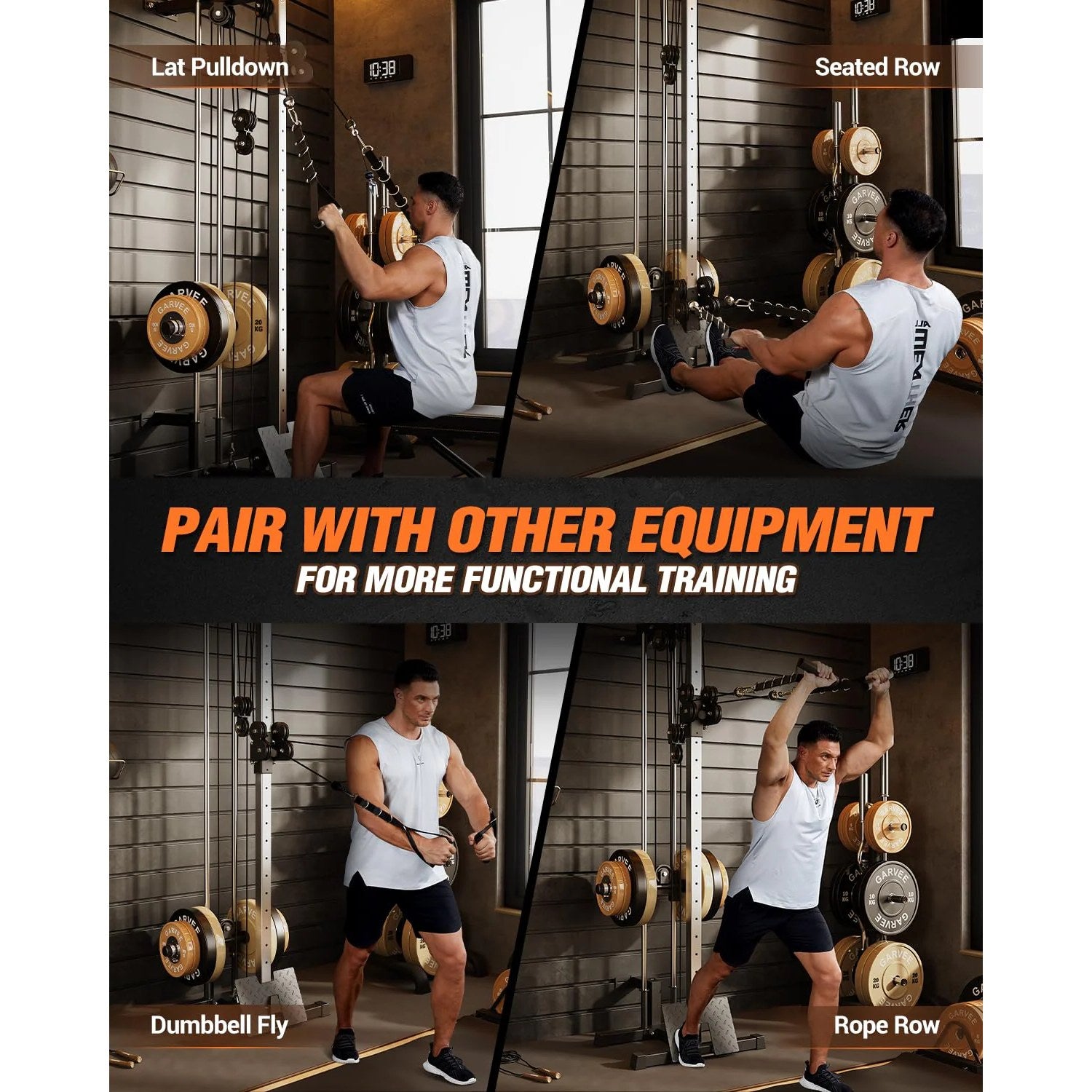 Garvee Wall Mount Cable Machine with 19 Positions Dual Pulley System, Adjustable Footplate for Home Gym, 27.2"x18.1"x81.9", Black