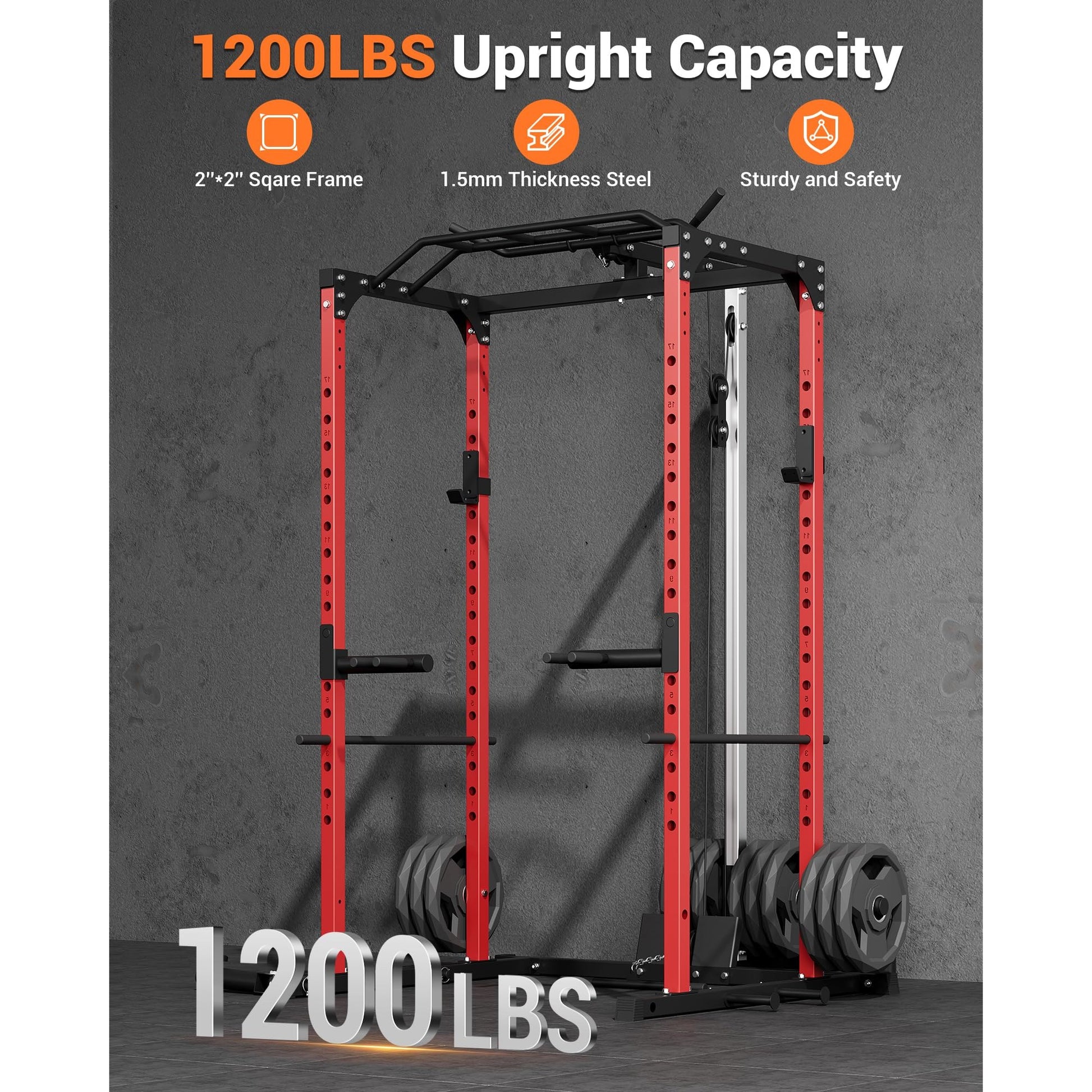 Garvee Power Cage Squat Rack with LAT Pulldown and Low Row for Home Gym, 1200LBS Capacity, Black