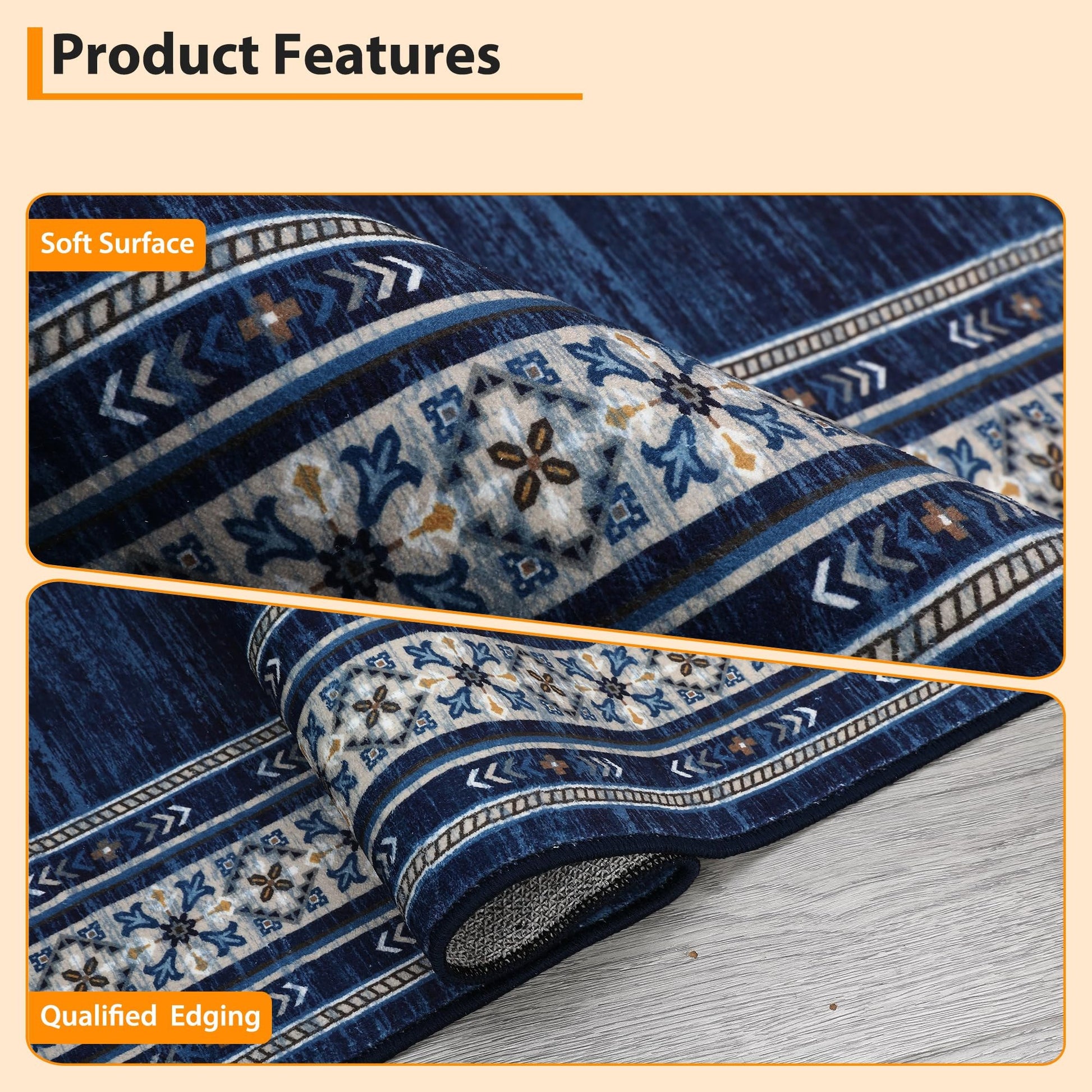 Garvee Tapis de cuisine 2x6 lavable, doux, antidérapant, de couloir, d'intérieur, géométrique moderne bleu