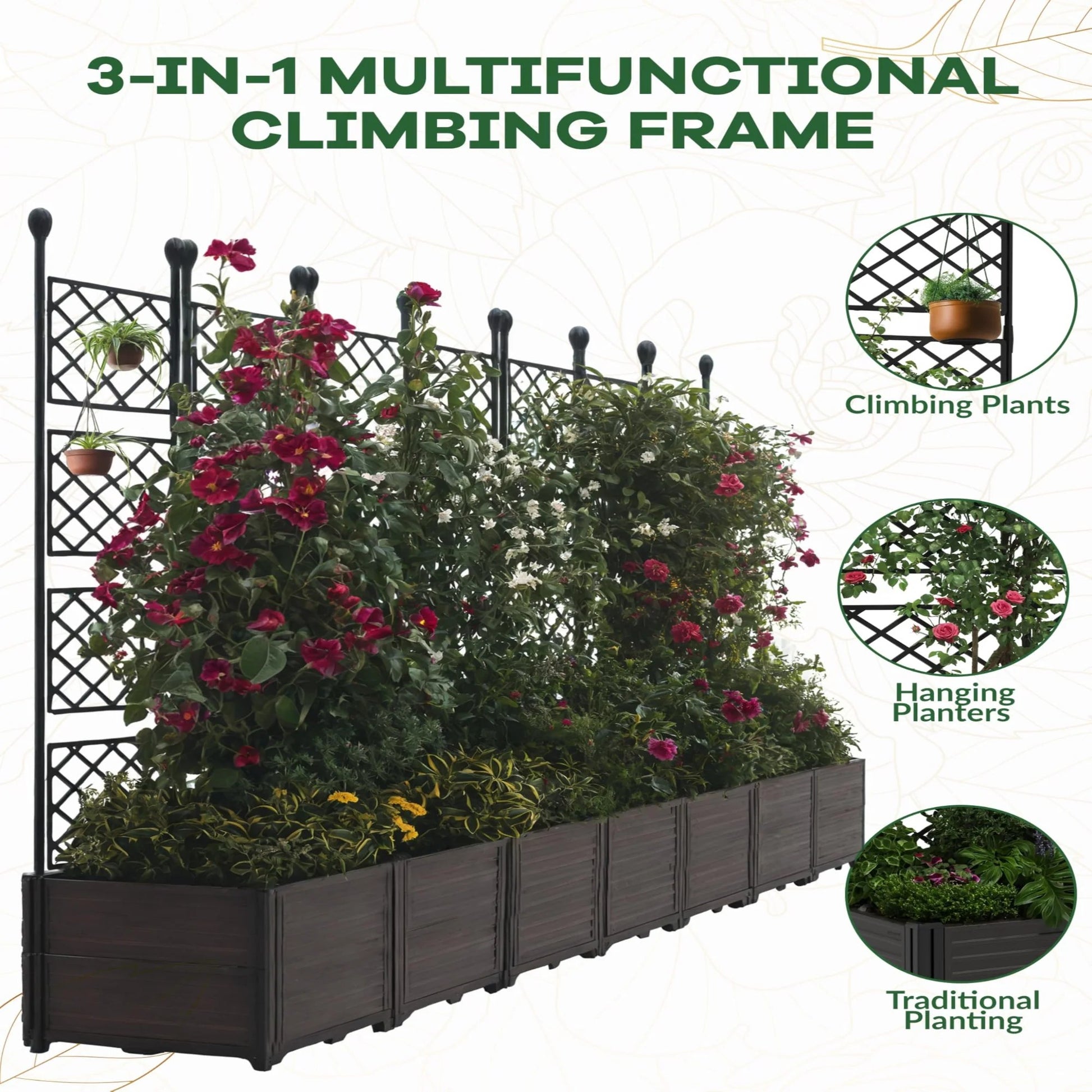 Garvee 7 PCS Plastic Plant With Trellis Raised Garden Bed Outdoor Planter For Patio Balcony Black