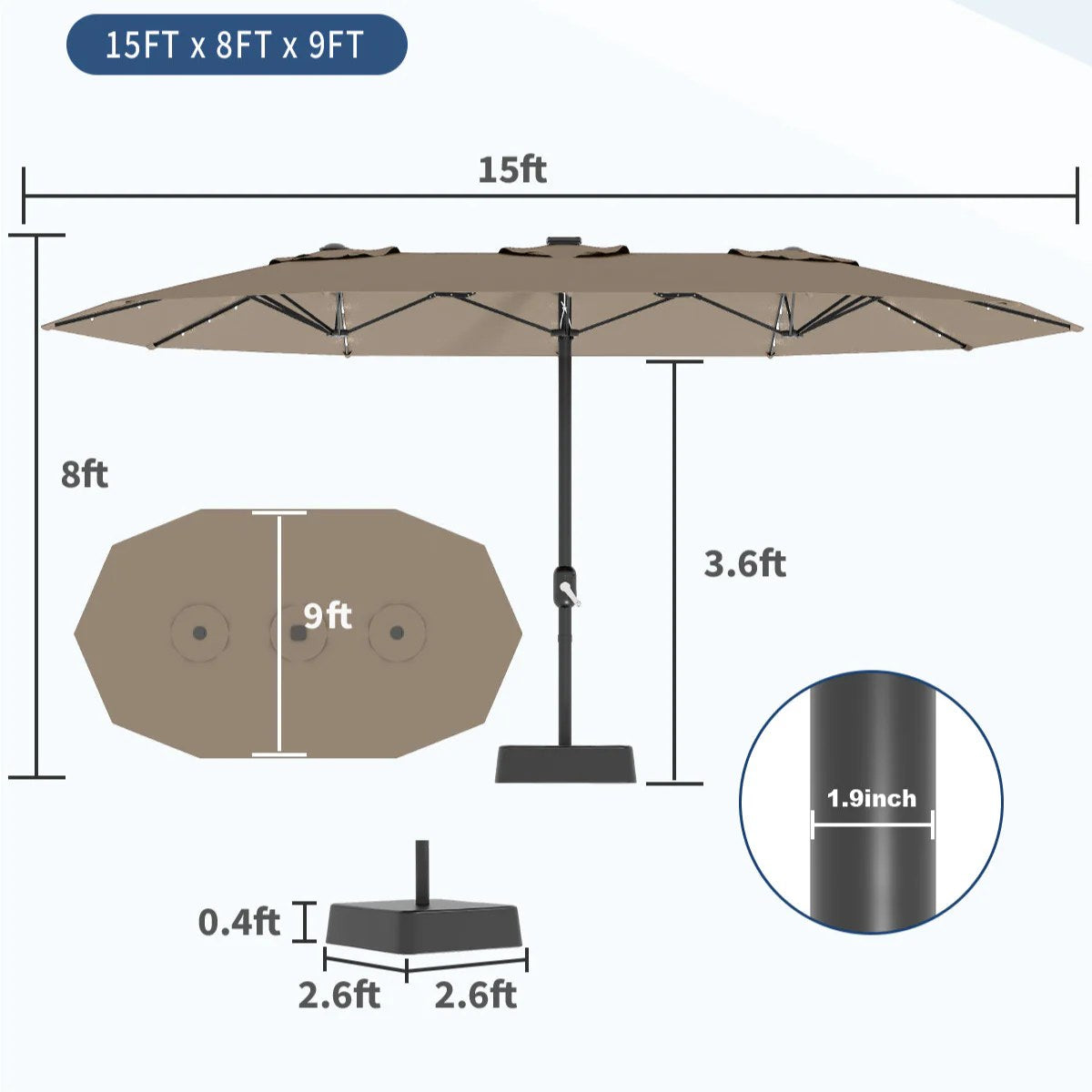 Garvee 15FT Large Patio Umbrella with Base and Solar Lights, Double-Sided Rectangle Oversized Shade for 8-10 People, Tan, 15FT with Base and Lights