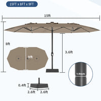 Garvee 15FT Large Patio Umbrella with Base and Solar Lights, Double-Sided Rectangle Oversized Shade for 8-10 People, Tan, 15FT with Base and Lights