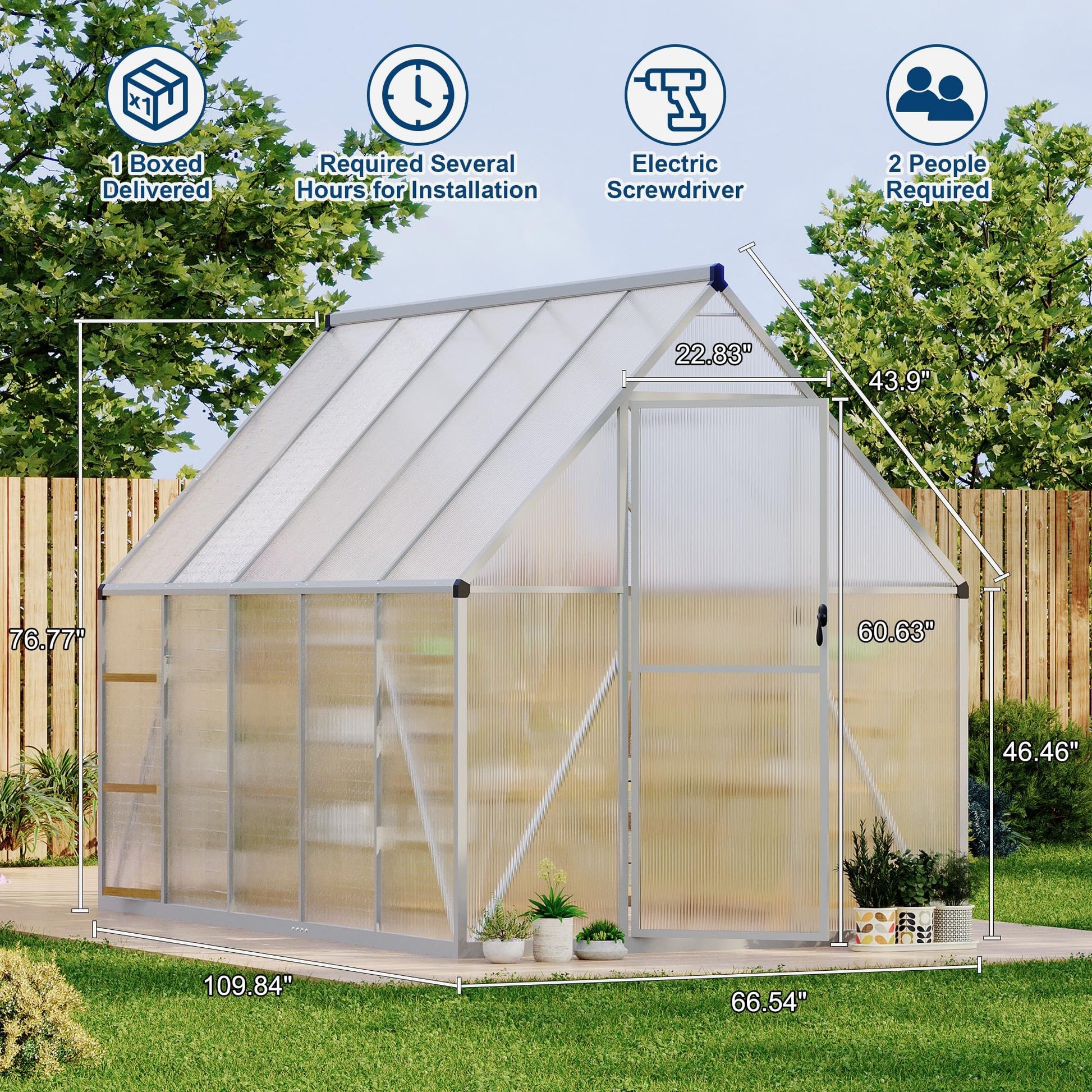 Garvee 6x9 FT Heavy Duty Walk-In Polycarbonate Greenhouse Kit – Outdoor Aluminum Frame – Lockable Door & Roof Vent – Large Backyard Plant Shelter – Silver