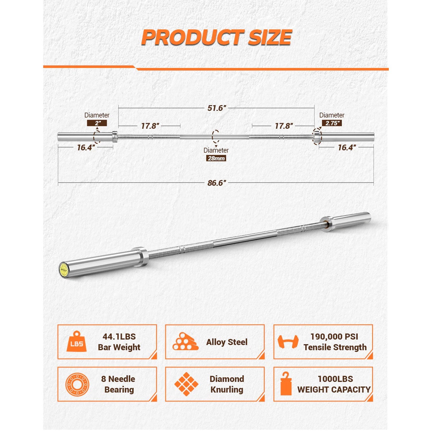 Garvee 7ft Olympic Barbell Bar, 44LB Load, 1500 lbs Capacity, Weight Bars for Gym Home Exercises, Red or Black