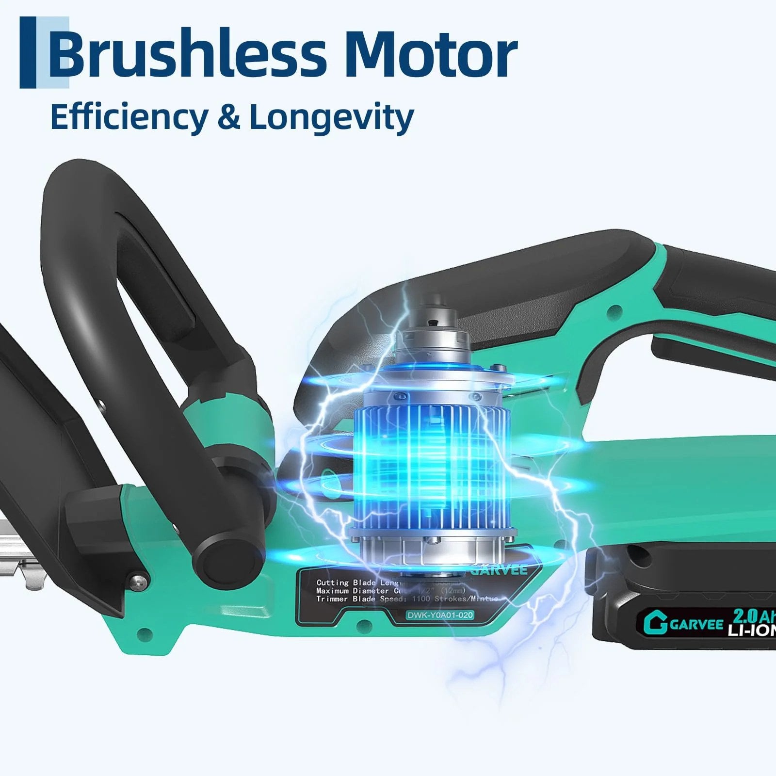 Taille-haie sans fil Garvee 22" - Cisaille électrique portative pour arbustes avec 2 batteries 2,0 Ah, 1100 tr/min et espacement des lames de 1,7 cm
