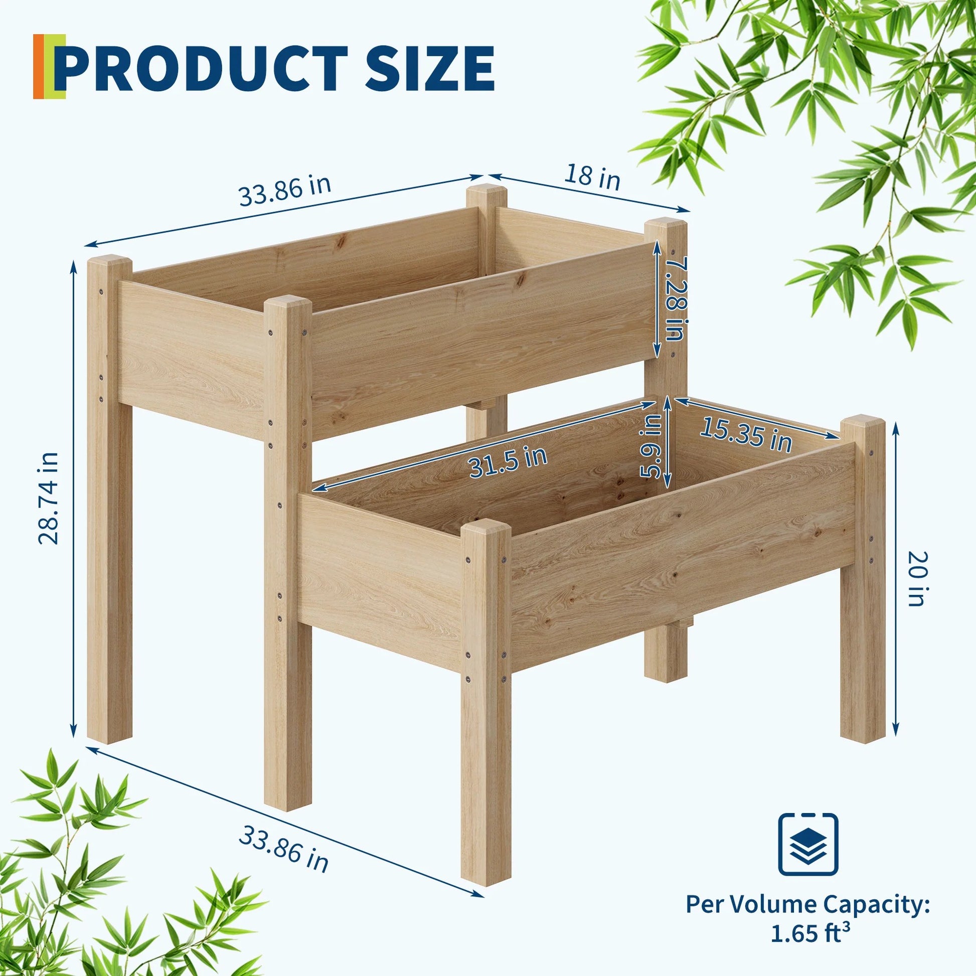 Garvee Jardinière surélevée à 2 niveaux en bois de sapin avec pieds pour jardin, terrasse, balcon, 33"x33"x29" Bois naturel