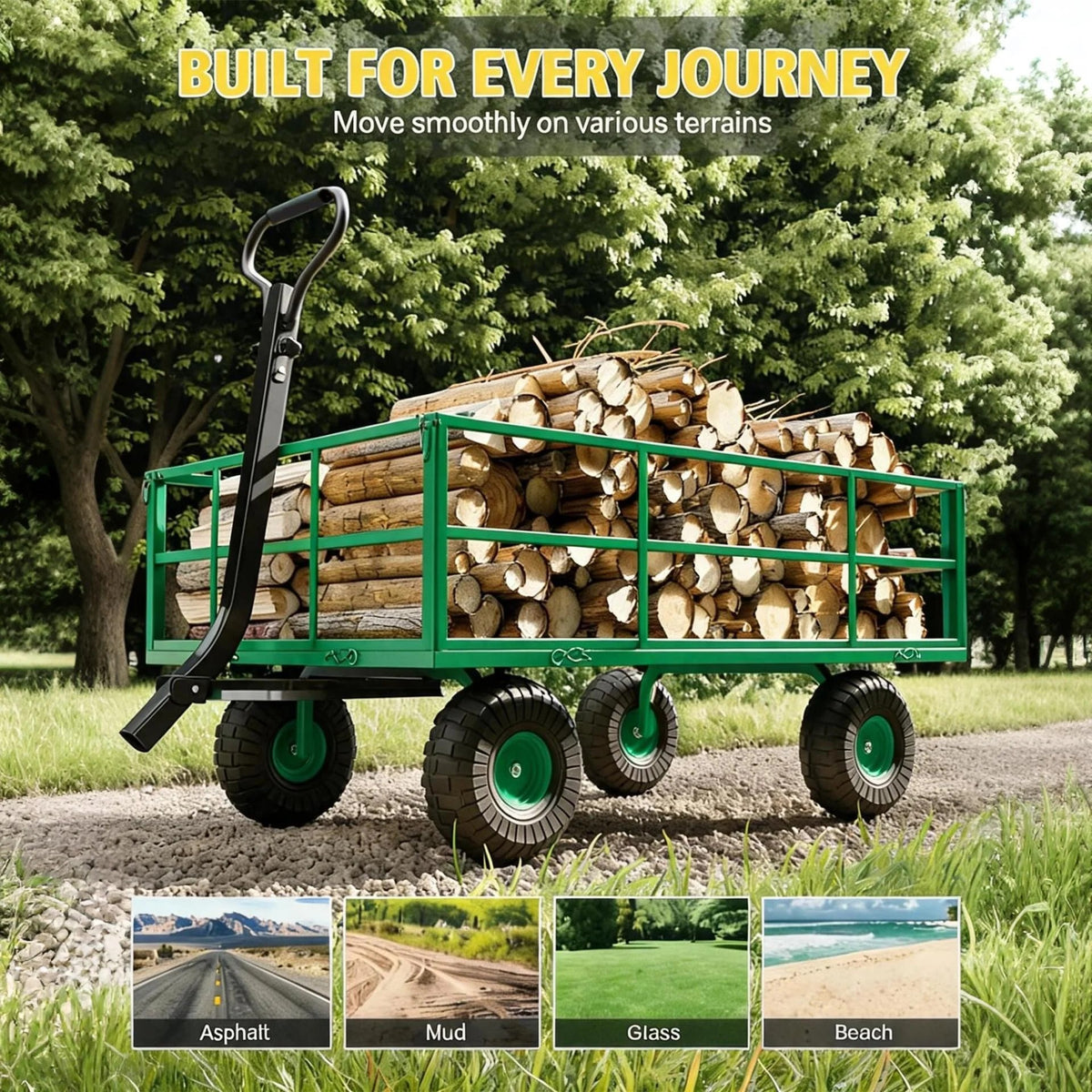 Garvee 500 lb Q235 Steel Garden Cart, Heavy-Duty Utility Wagon with Removable Steel Mesh Bed, Removable Mesh Sides, 2-in-1 Convertible Flatbed, 10" Pneumatic Tires, 180° Rotating Handle, Green, for Yard, Lawn, Farm and Landscaping