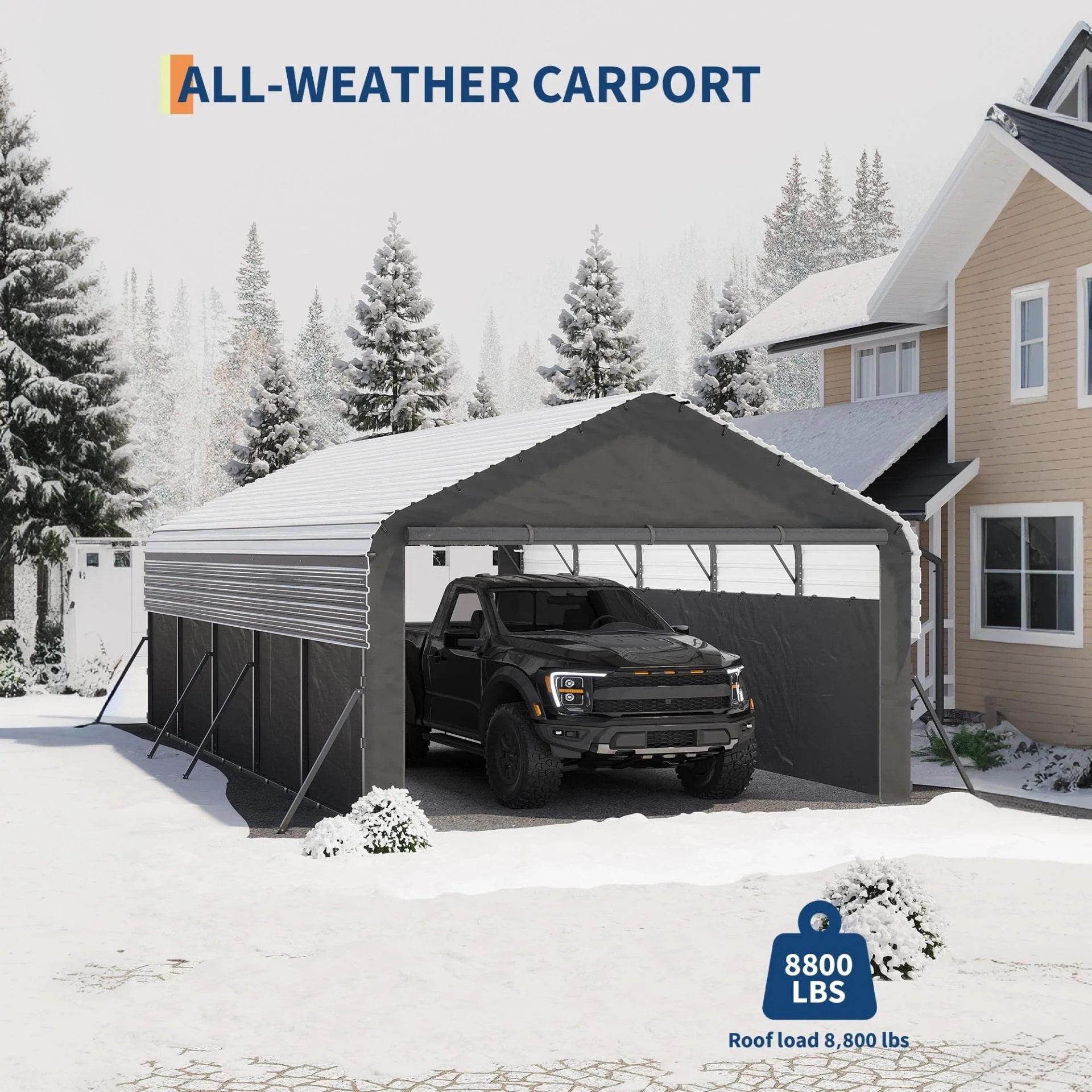 Garvee All-Weather Enclosed Metal Carport – 12'x24'x9' Heavy Duty Steel Frame, 220g Tarp, Outdoor Storage Shelter for Pickup Trucks, Boats, Tractors