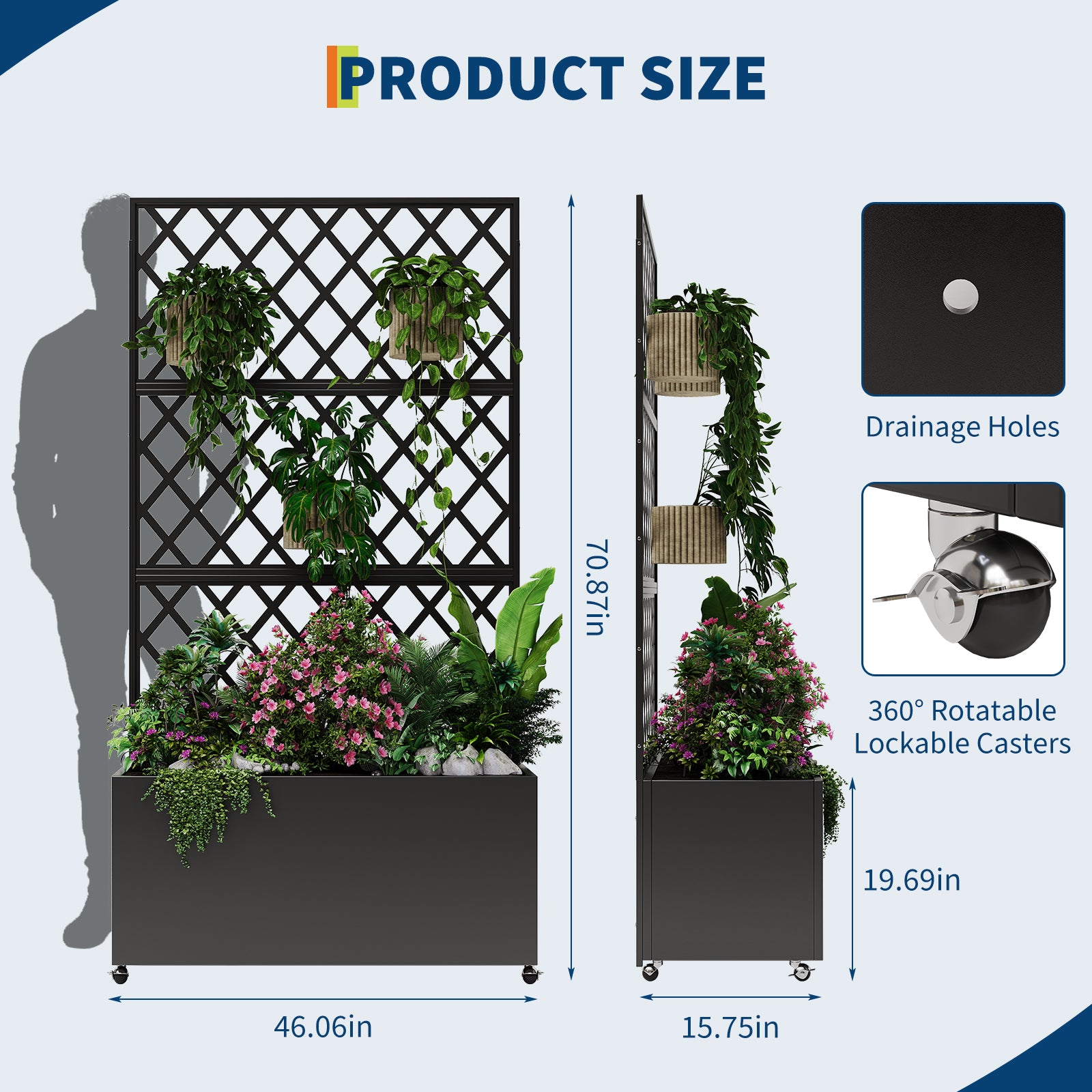 Garvee Galvanized Steel Raised Garden Bed with Trellis, Privacy Screen, Lockable Casters, Drainage Holes, Slim Profile for Patio & Deck