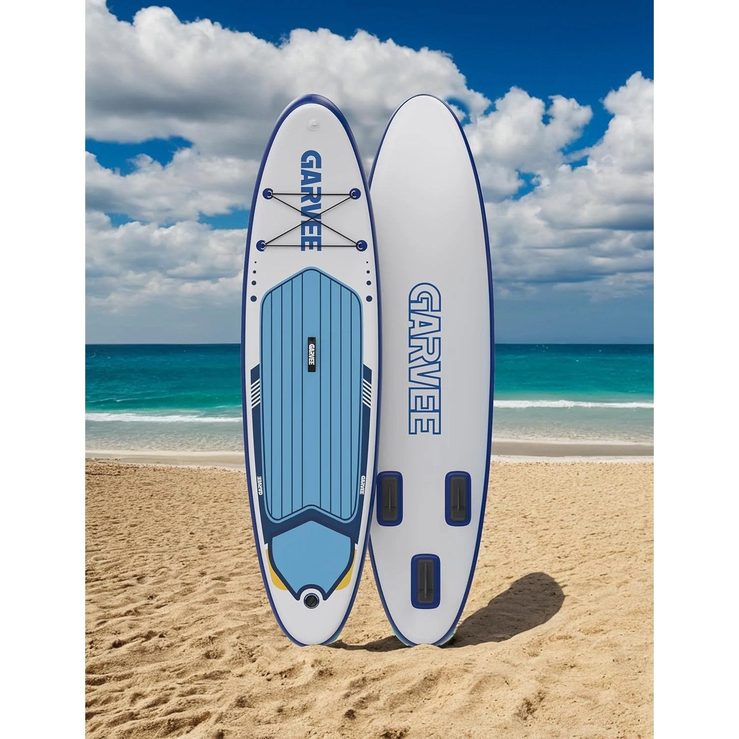 Garvee Inflatable Stand Up Paddle Board with Premium Accessories for Youth & Adults, 11 ft Blue-White, Ultra-Stable Wide Base, Non-Slip EVA Deck