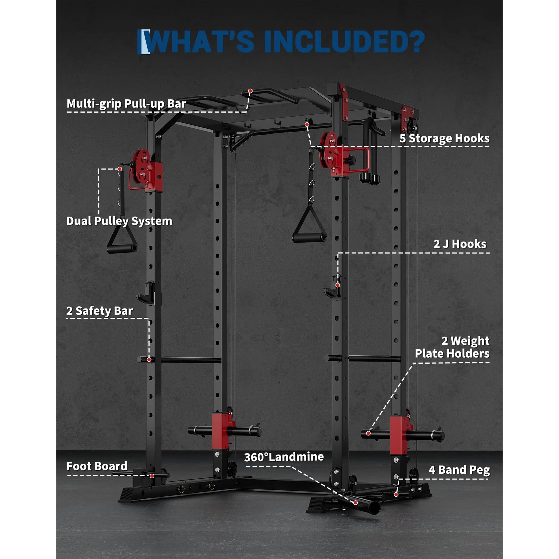 Garvee Power Cage Multi-Functional Power Racks with Dual Pulley Systems for Home Gym 1200 LBS Capacity Red