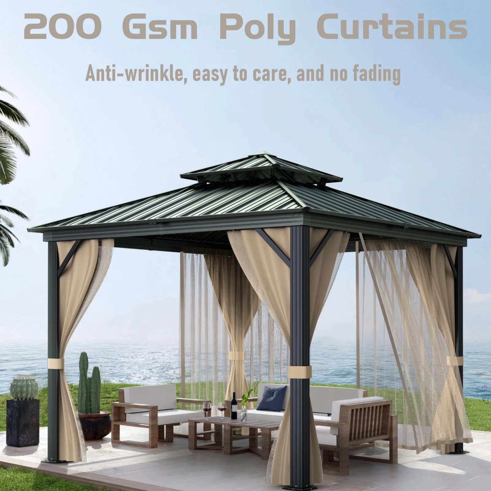 Garvee 10 ft x 10 ft Hardtop Gazebo with Double Metal Roof, Aluminum Alloy Frame, Net, and Curtain for Patio, Backyard, Lawn, Garden - Black Matte Finish