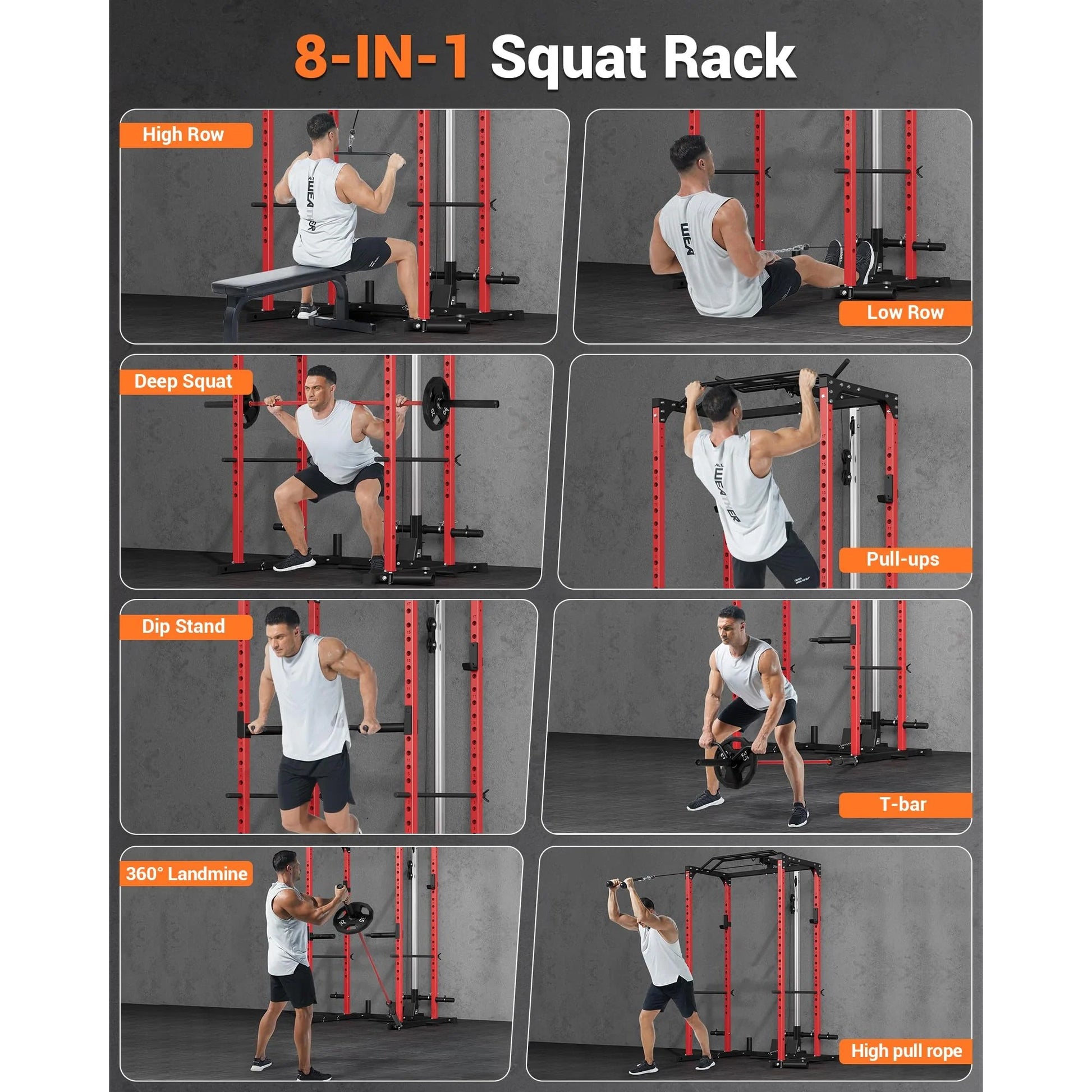 Garvee Power Cage Squat Rack with LAT Pulldown and Low Row for Home Gym, 1200LBS Capacity, Black