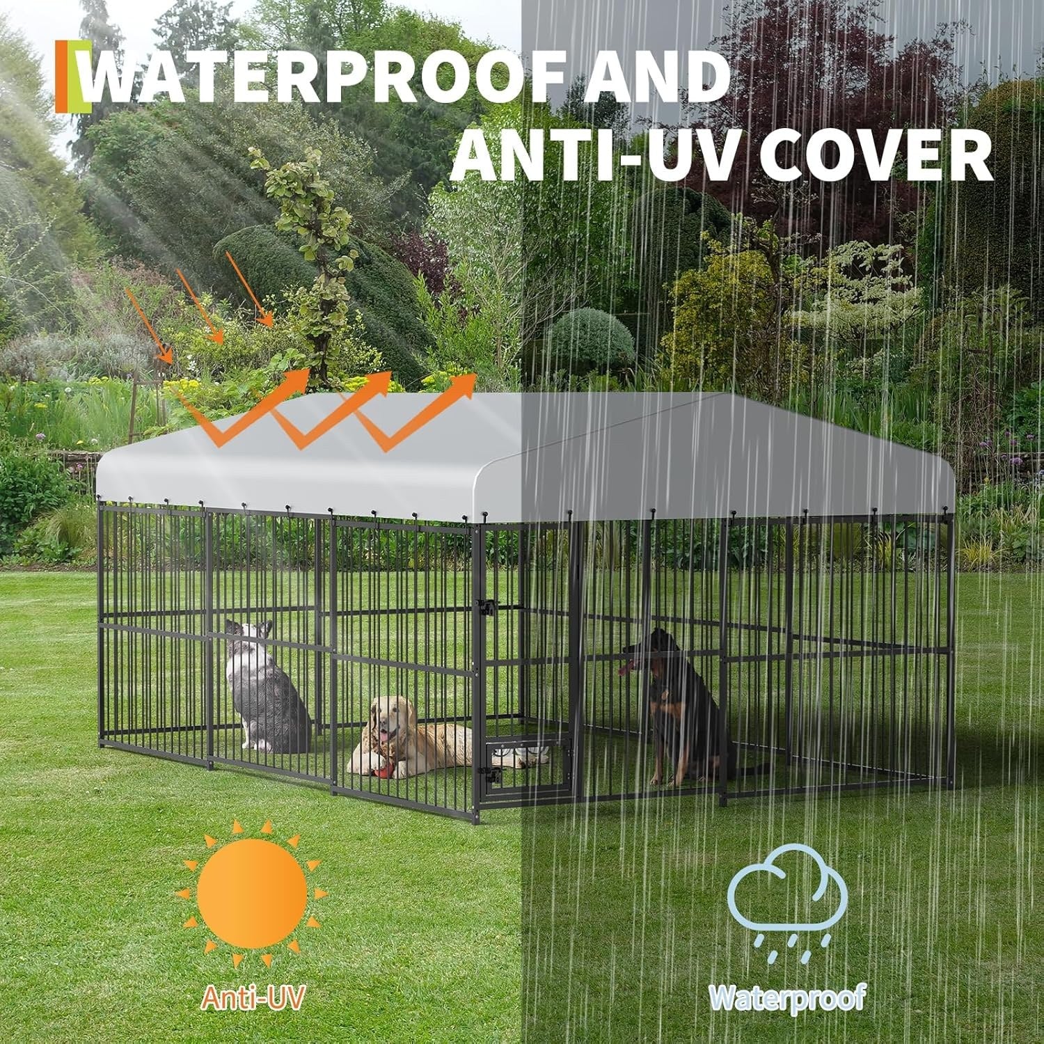 Garvee Large Dog Enclosures Outdoor Dog Kennel with Waterproof Cover Feeding Doors for Yard Garden Backyard 10×15×7FT
