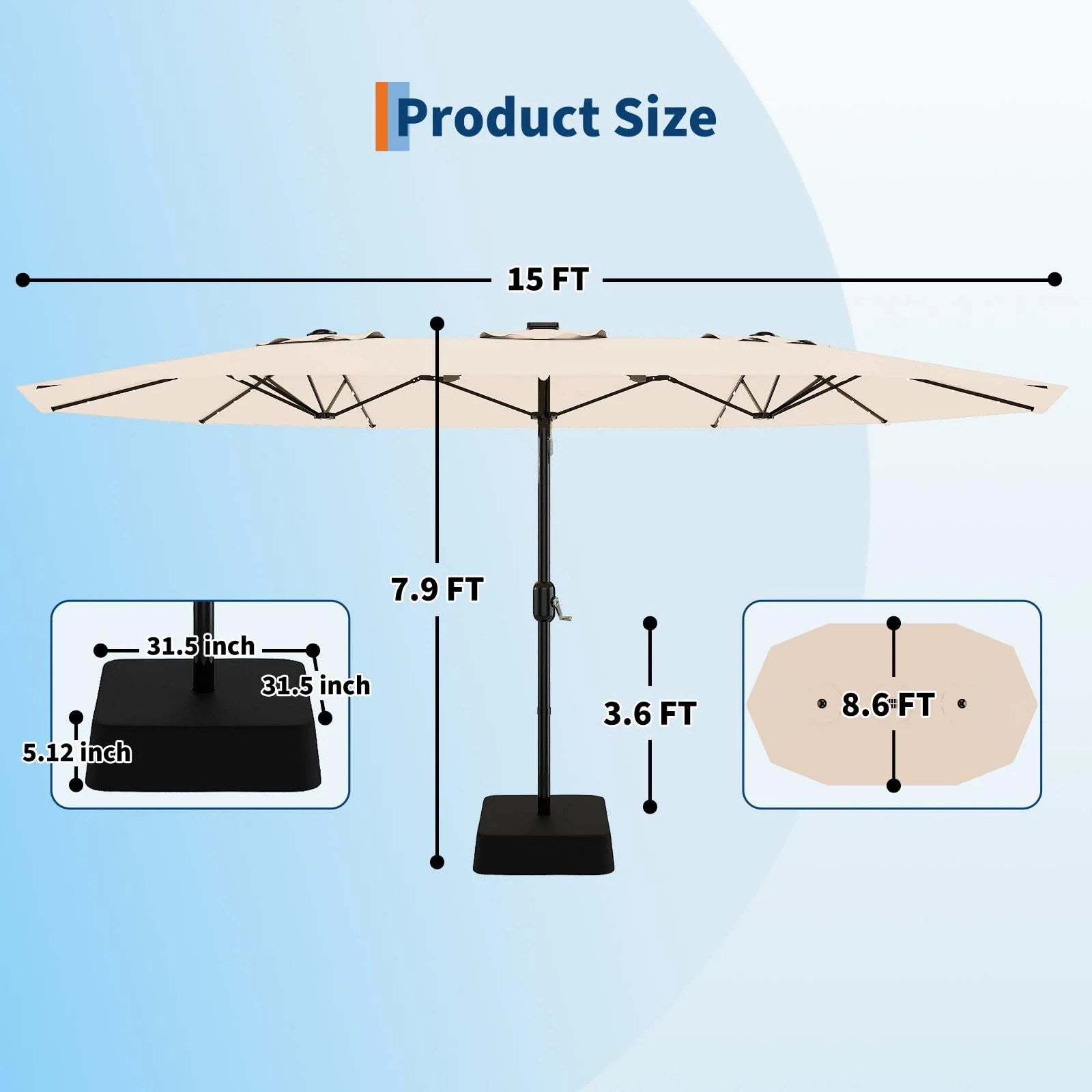 Garvee 15FT Double-Sided Patio Umbrella with 36 Solar-Powered LED Lights – Heavy-Duty Rectangular Outdoor Sun Shade – Fade-Resistant Canopy – With Base – For Pool, Garden, Backyard, Deck – Beige