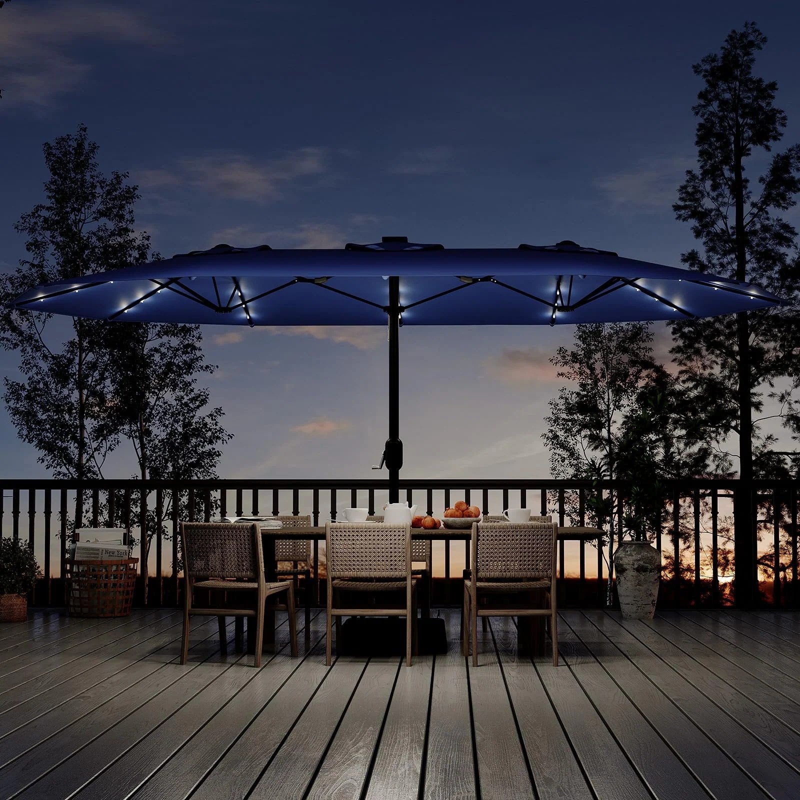 Garvee 15FT Double-Sided Patio Umbrella with 36 Solar LED Lights – Heavy-Duty Rectangular Outdoor Market Parasol – Fade-Resistant Canopy – With Base – Perfect for Garden, Pool, Backyard, or Deck – Navy Blue