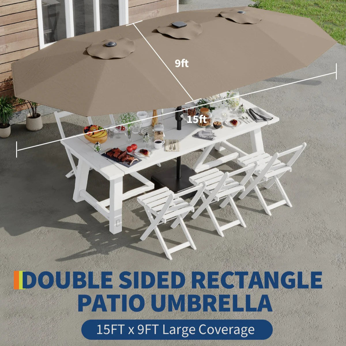 Garvee 15FT Large Patio Umbrella with Base and Solar Lights, Double-Sided Rectangle Oversized Shade for 8-10 People, Tan, 15FT with Base and Lights